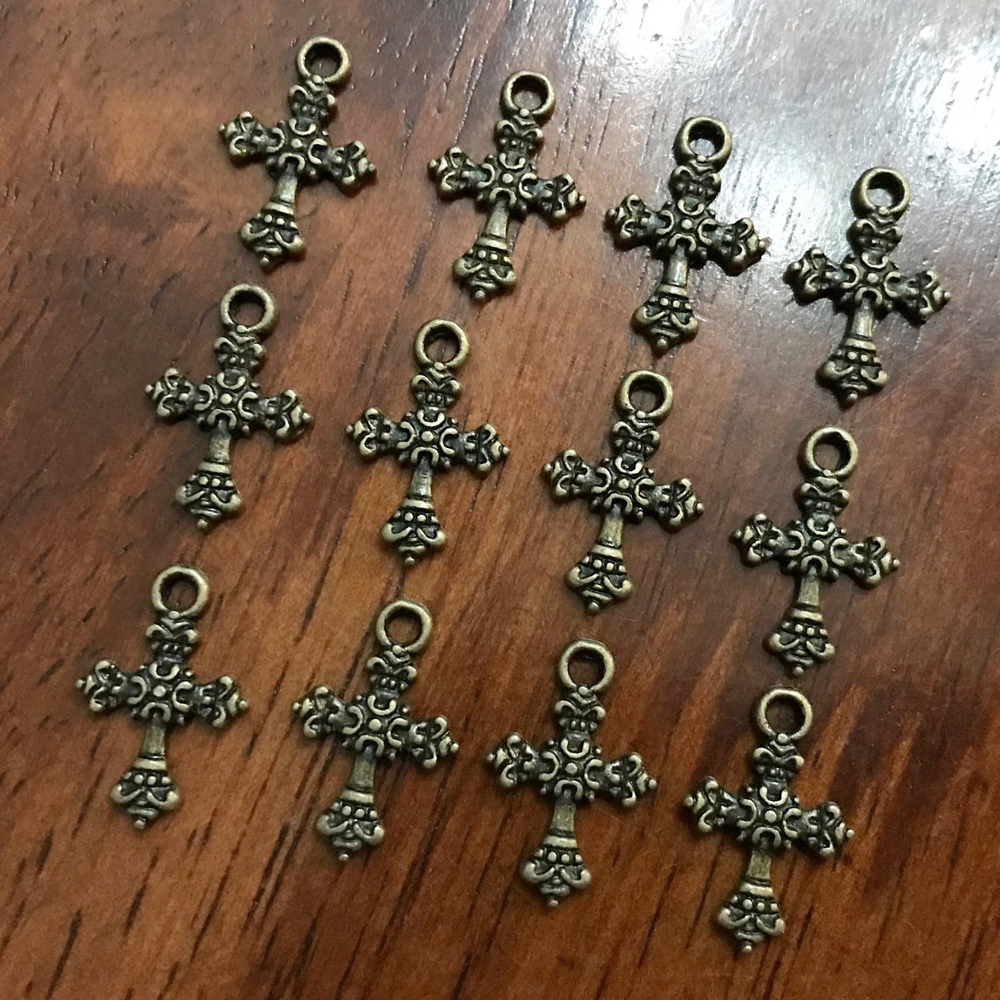 50pcs, Bronze Cross Charms, Bronze Cross Tiny Cross Charms, Fancy Cross Charms, Double Sided Cross Charms, Jewelry Supplies, Findings