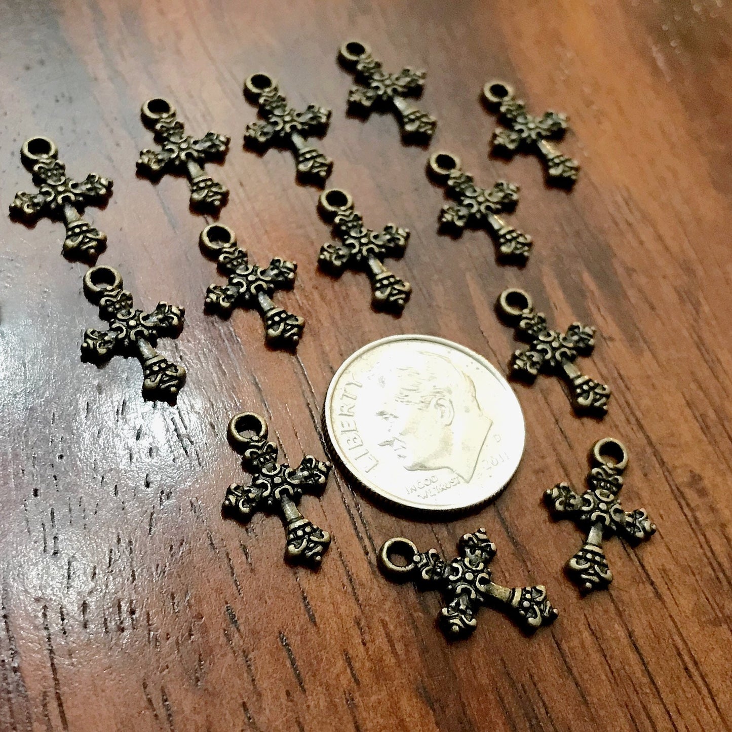 50pcs, Bronze Cross Charms, Bronze Cross Tiny Cross Charms, Fancy Cross Charms, Double Sided Cross Charms, Jewelry Supplies, Findings