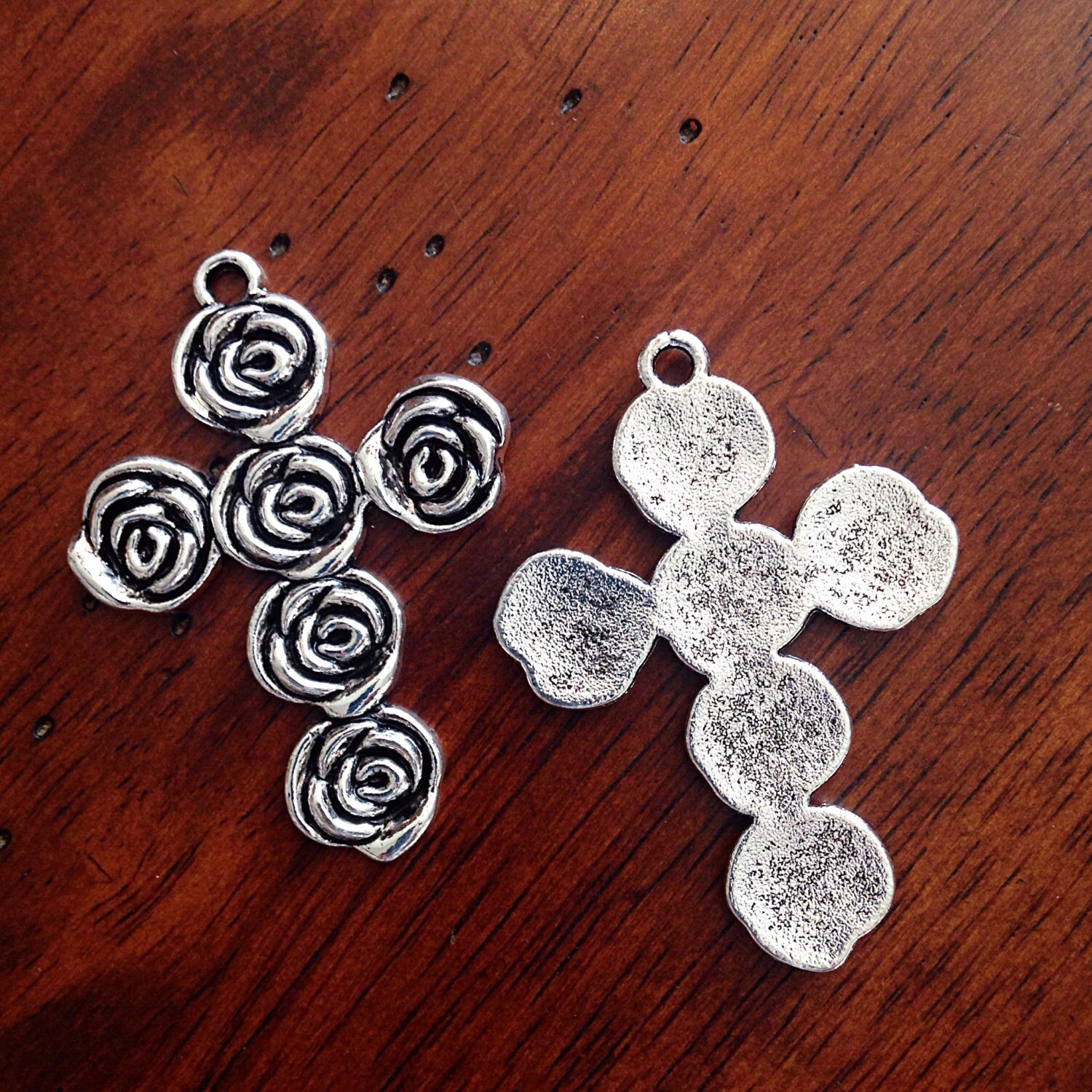 4 Large Silver Cross Pendants, Antique Silver Charms, Large Cross, Rose Shape Cross Pendant, Jewelry Supplies, Craft Supplies, Findings