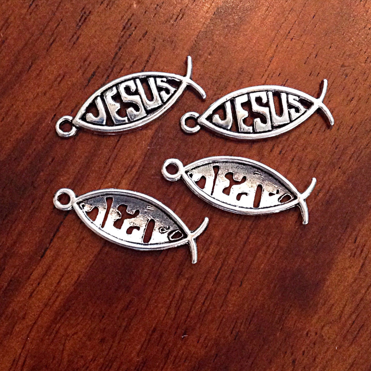 Bulk 25 Jesus Charms, Antique Silver Charms, Silver Fish Charms, Jesus Charms, Ribbon Charms, Faith Charms, Findings and Jewelry Supplies