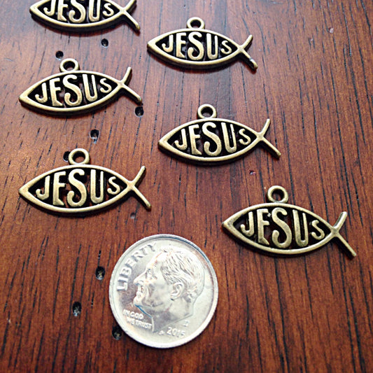 Bulk 25pcs Jesus Charms, Antique Bronze Fish Charms, Christian Charms, Bronze Ribbon Charms, Bronze Hope Charms, Jewelry Supplies, Findings