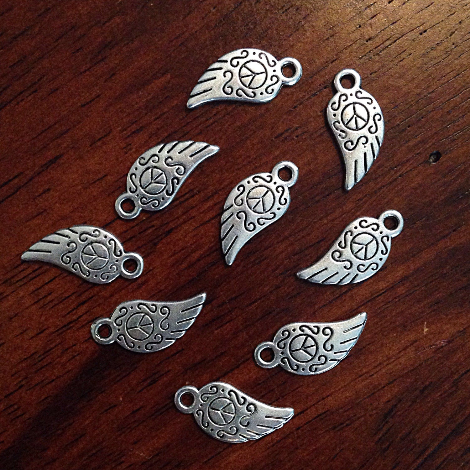 Bulk 25, Peace Sign Charms, Antique Silver Charms, Silver Peace Charms, Yoga Charms, Angel Wing Charms, Jewelry and Craft Supplies, Findings