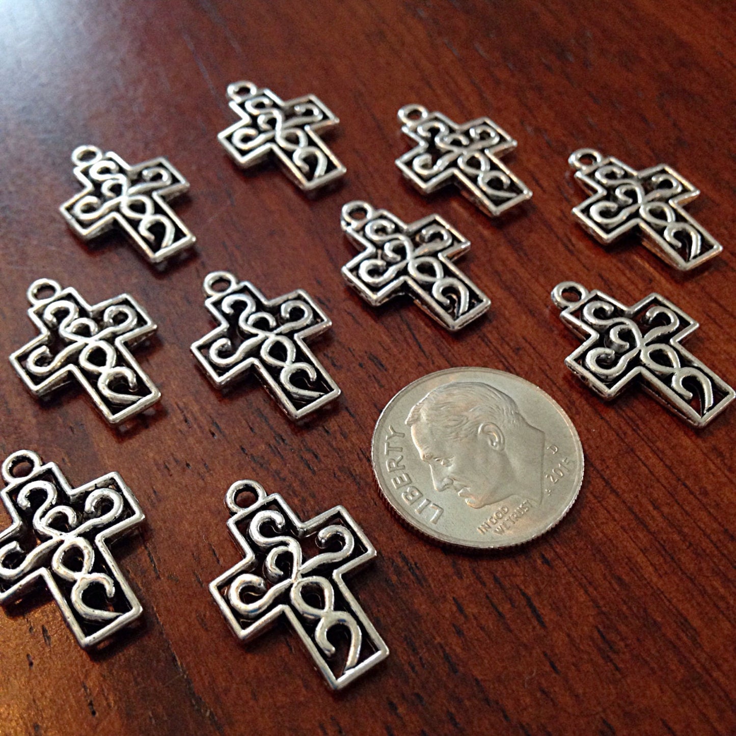 Cross Charms, 25pcs, Inside Cross Charms, Small Silver Cross Charms, Fancy Cross Charms, Puffed Cross Charms, Double Sided Cross, Findings
