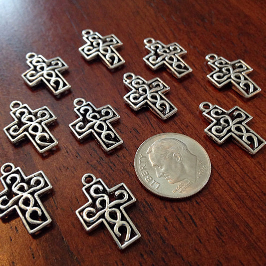 Cross Charms, 25pcs, Inside Cross Charms, Small Silver Cross Charms, Fancy Cross Charms, Puffed Cross Charms, Double Sided Cross, Findings