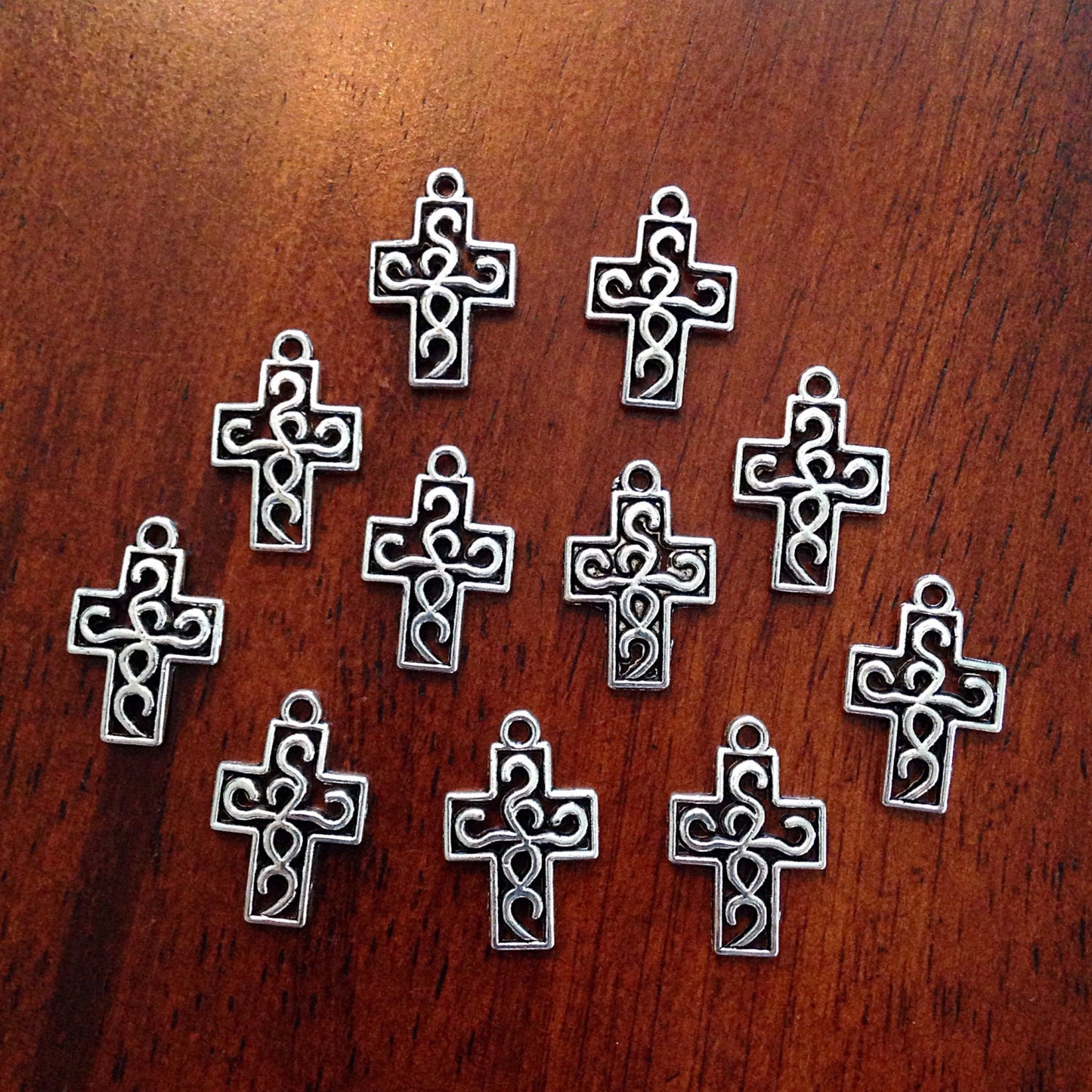 Cross Charms, 25pcs, Inside Cross Charms, Small Silver Cross Charms, Fancy Cross Charms, Puffed Cross Charms, Double Sided Cross, Findings