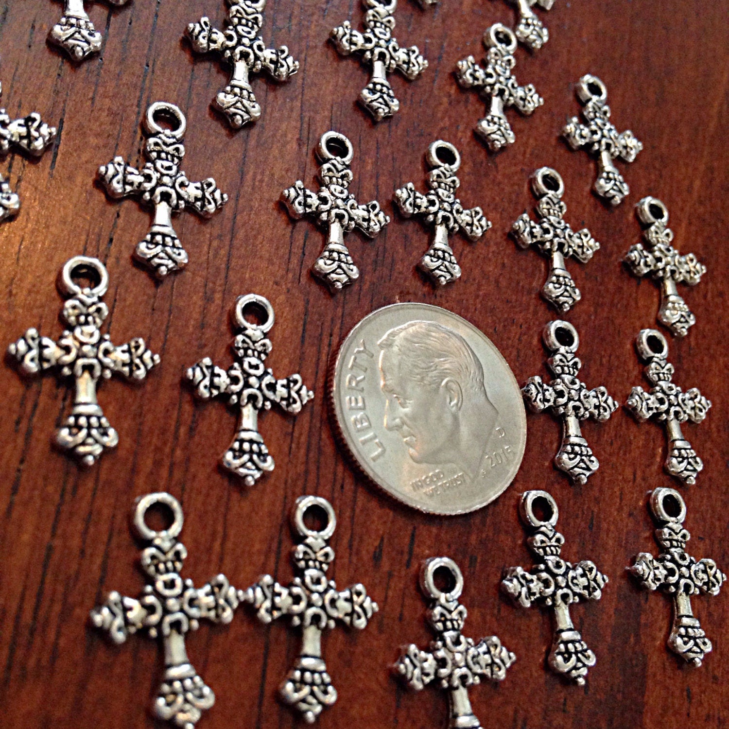 Silver Cross Charms, 25pcs, Antique Silver Charms, Tiny Cross Charms, Small Cross Charms, Tiny Charms, Fancy Cross Charms, Findings