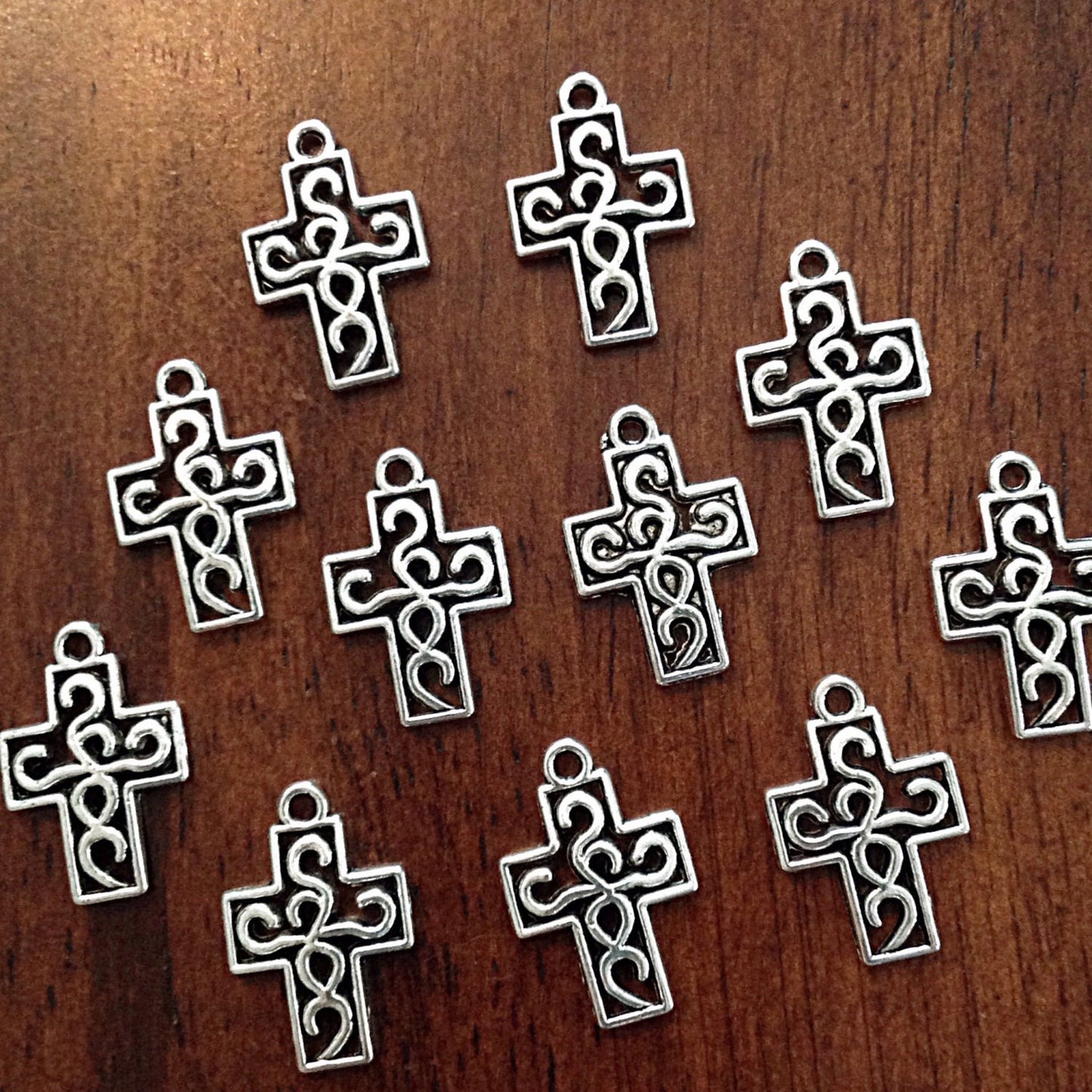 Cross Charms, 25pcs, Inside Cross Charms, Small Silver Cross Charms, Fancy Cross Charms, Puffed Cross Charms, Double Sided Cross, Findings
