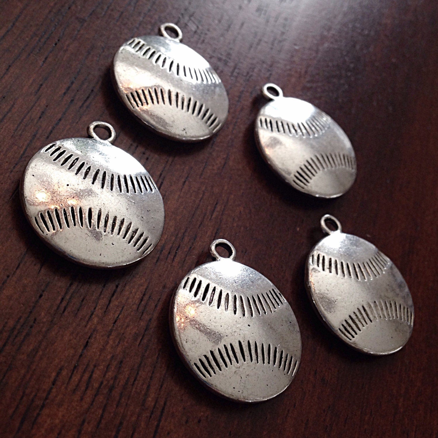 8 Baseball Charms, Antique Silver Charms, Large Baseball Charms, Double Sided Baseball Pendants, Jewelry and Craft Supplies, Findings