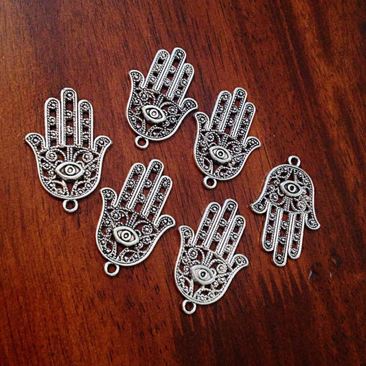 8 Large Hamsa Hand Charms, Antique Silver Charms, Hamsa Hand Pendant, Buddhist Gifts, Yoga Charms, Om, Buddha, CraftsAnd Jewelry Supplies