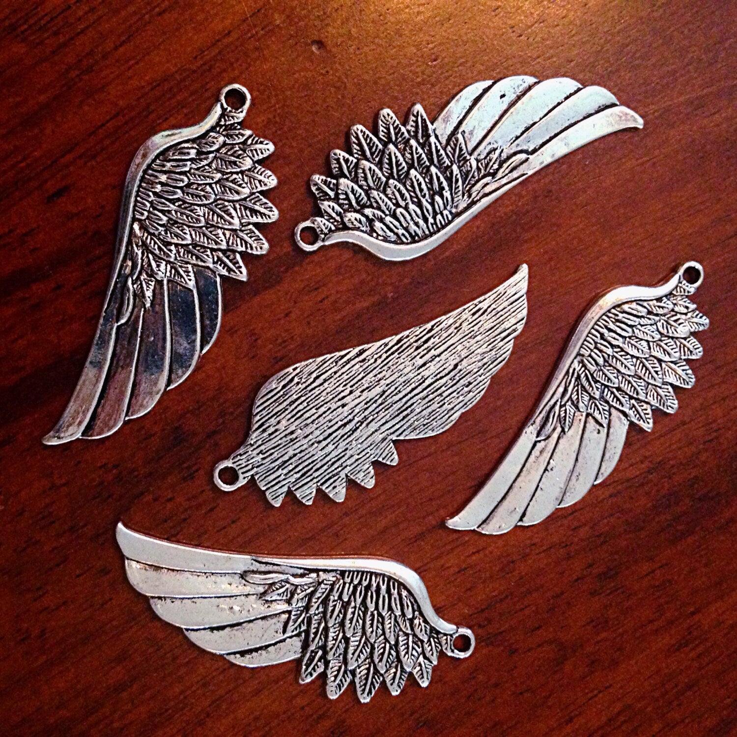5 Large Silver Wing Pendants, Antique Silver Wing, Angel Wing Charms, Feather Charms, Crafts and Jewelry Making Supplies and Findings