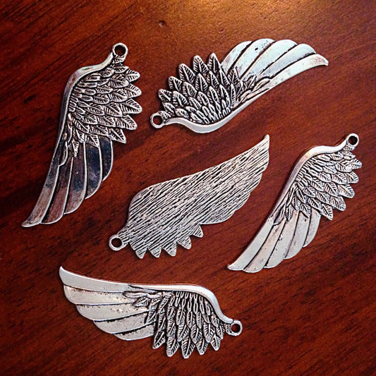 5 Large Silver Wing Pendants, Antique Silver Wing, Angel Wing Charms, Feather Charms, Crafts and Jewelry Making Supplies and Findings
