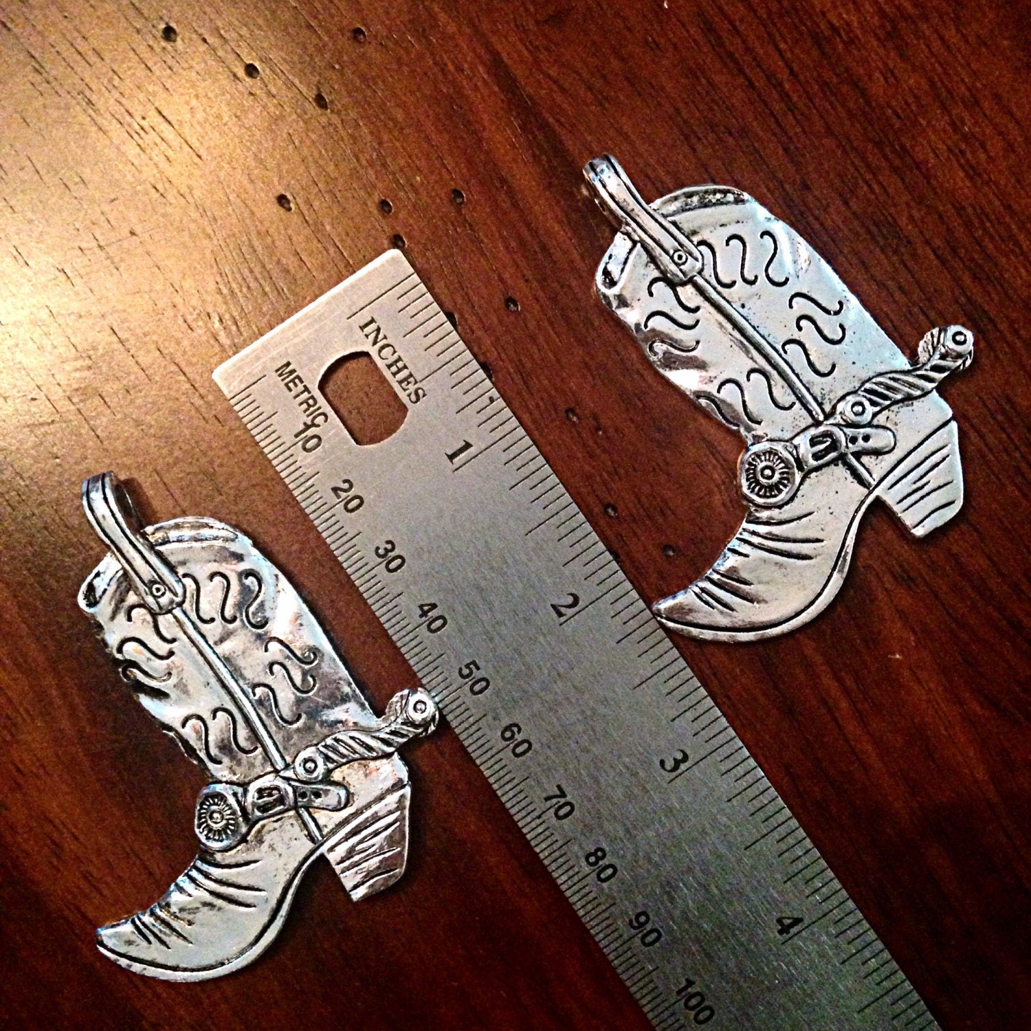 2 Silver Boot Pendants, Antique Silver Cowboy Boot Charms, Double Sided Boot Pendants, Large Boot Charms, Craft and Jewelry Supplies