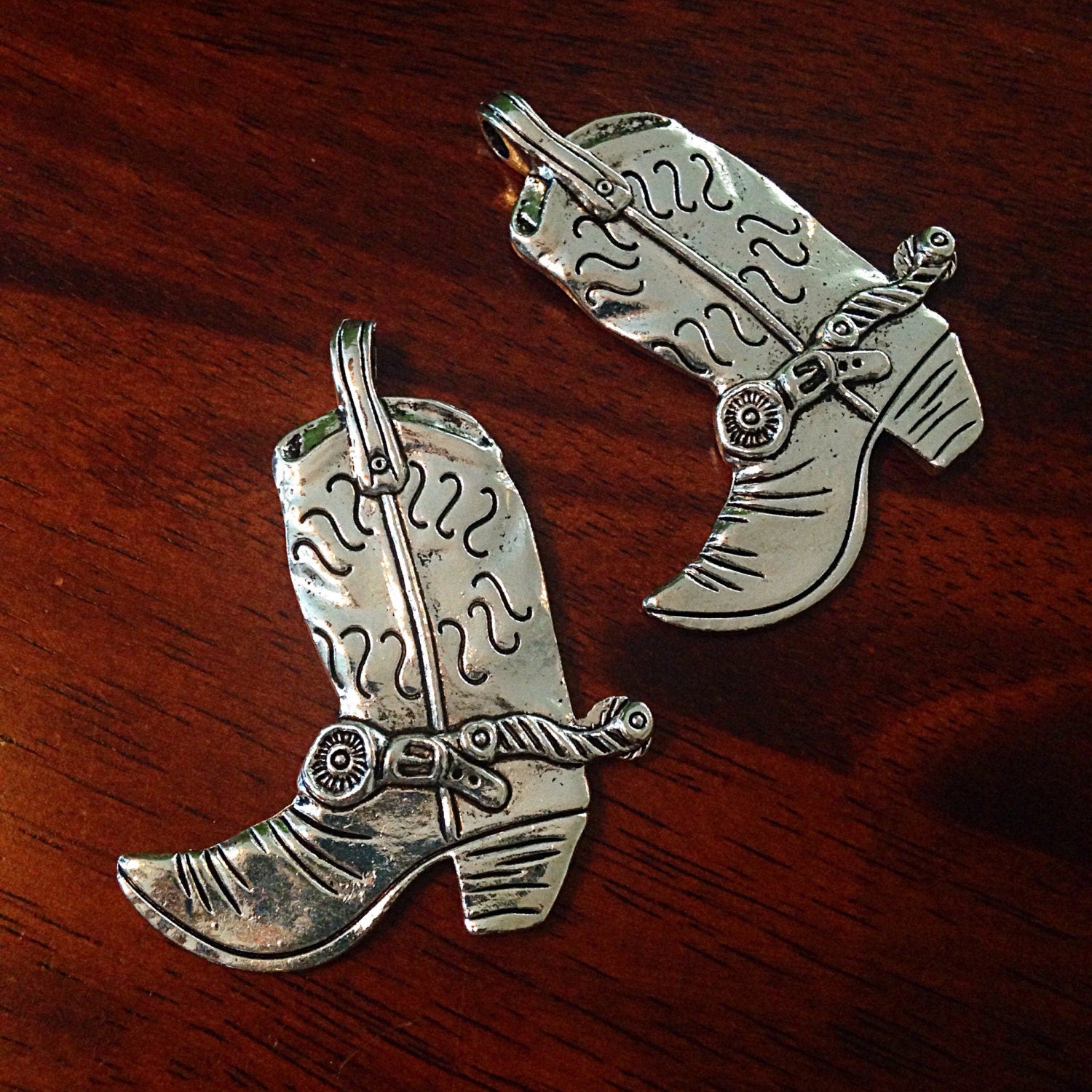 2 Silver Boot Pendants, Antique Silver Cowboy Boot Charms, Double Sided Boot Pendants, Large Boot Charms, Craft and Jewelry Supplies