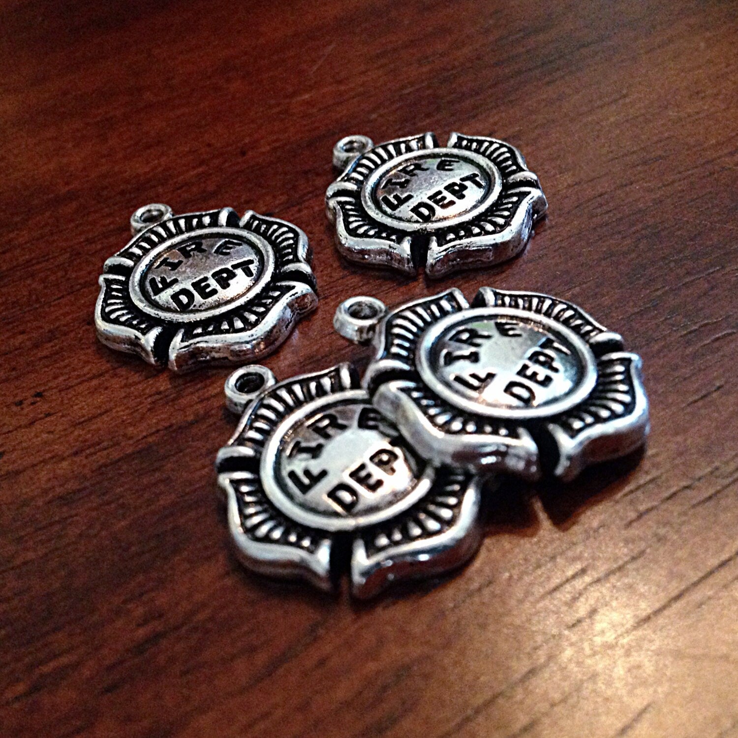 4 Fire Dept Charms, Antique Silver Charms, Fireman Badge Charms, Fire Department Charms, Craft and Jewelry Supplies, Findings