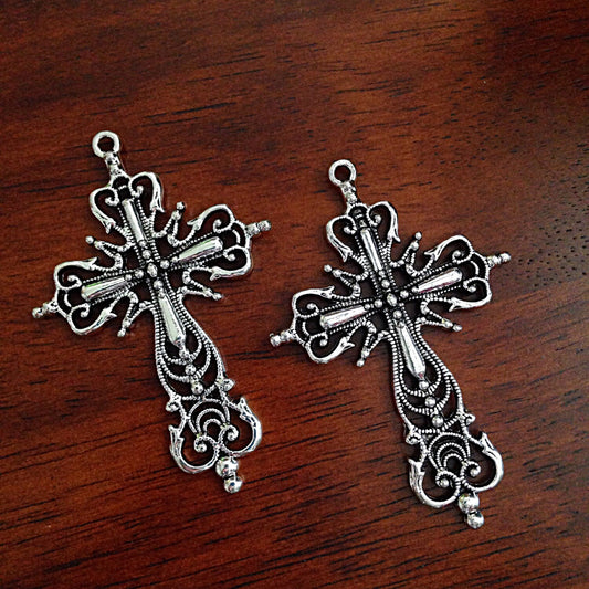 4 Large Silver Cross Pendants, Cross Charms, Double Sided Silver Cross Pendant, Fancy Cross Pendants, Rosary Cross, Rosary Charms, Findings