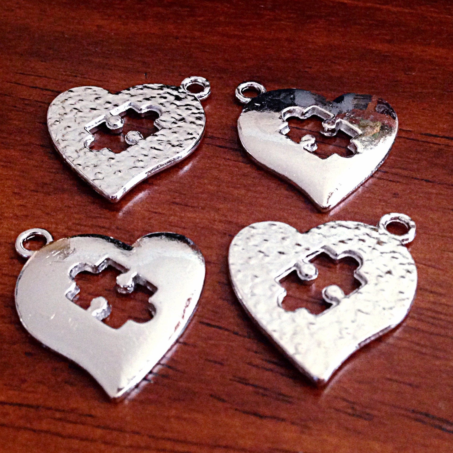 8 Autism Charms, Antique Silver Heart Charms, Autism Charm, Puzzle Charms, Double Sided Heart Charm, Craft and Jewelry Supplies, Findings