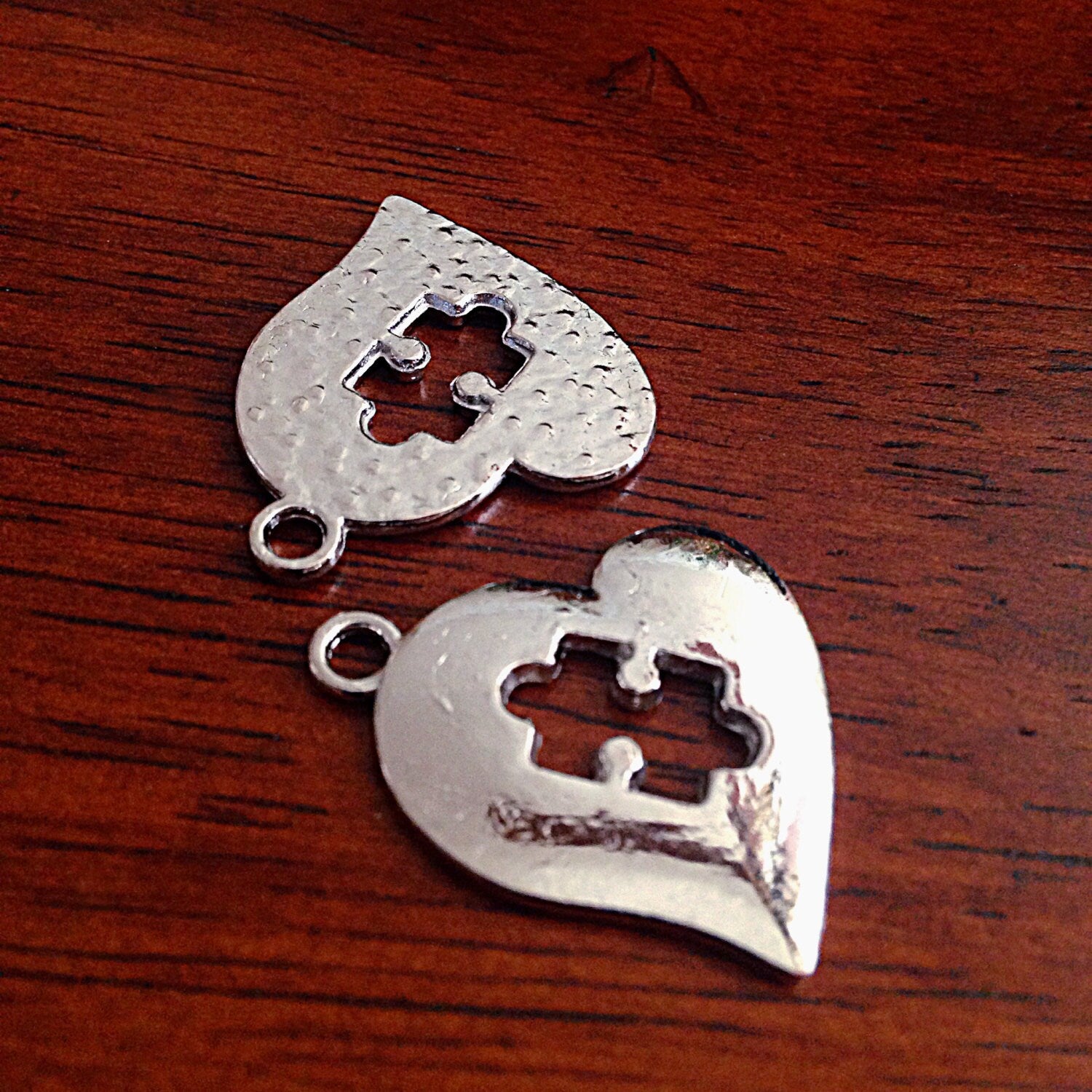8 Autism Charms, Antique Silver Heart Charms, Autism Charm, Puzzle Charms, Double Sided Heart Charm, Craft and Jewelry Supplies, Findings
