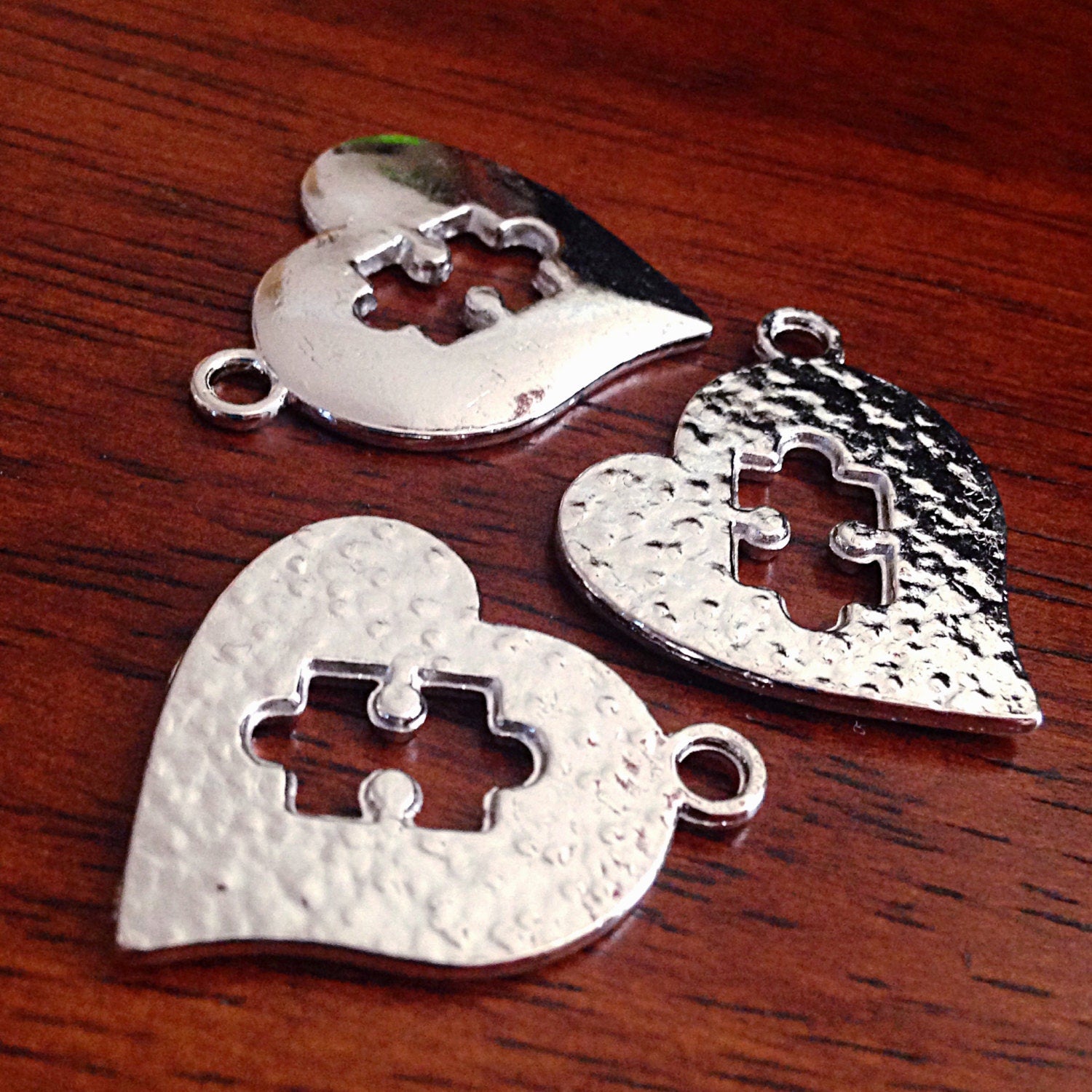 8 Autism Charms, Antique Silver Heart Charms, Autism Charm, Puzzle Charms, Double Sided Heart Charm, Craft and Jewelry Supplies, Findings