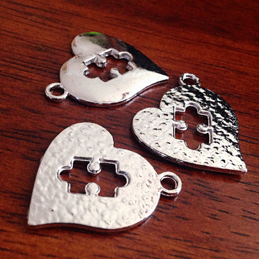 8 Autism Charms, Antique Silver Heart Charms, Autism Charm, Puzzle Charms, Double Sided Heart Charm, Craft and Jewelry Supplies, Findings