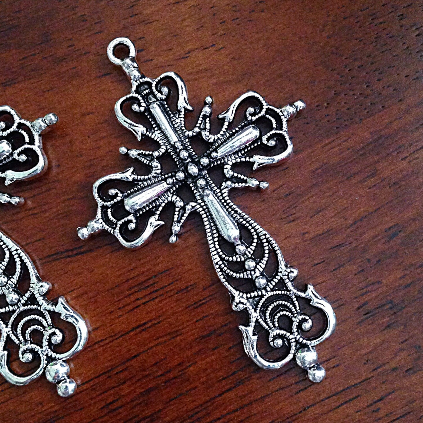 4 Large Silver Cross Pendants, Cross Charms, Double Sided Silver Cross Pendant, Fancy Cross Pendants, Rosary Cross, Rosary Charms, Findings