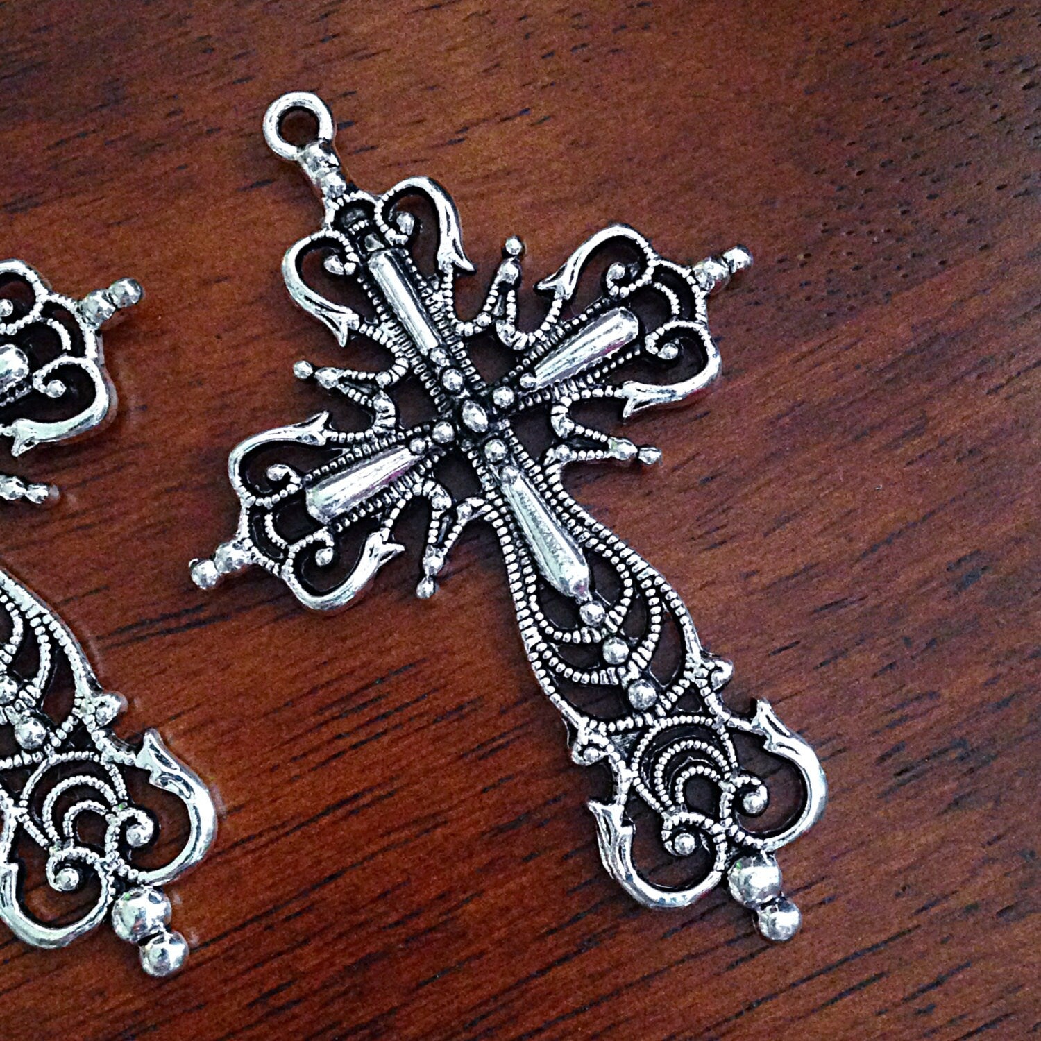4 Large Silver Cross Pendants, Cross Charms, Double Sided Silver Cross Pendant, Fancy Cross Pendants, Rosary Cross, Rosary Charms, Findings