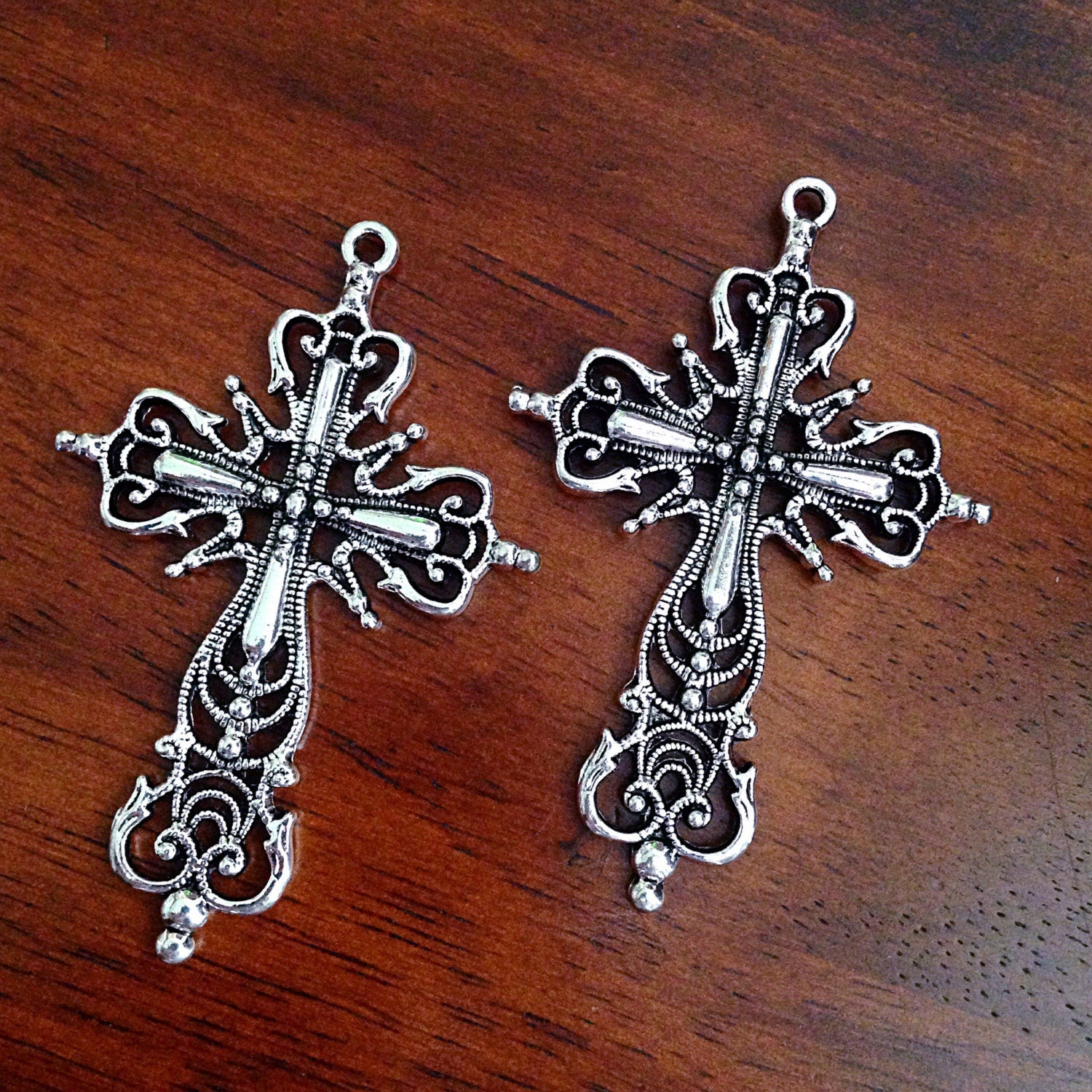 4 Large Silver Cross Pendants, Cross Charms, Double Sided Silver Cross Pendant, Fancy Cross Pendants, Rosary Cross, Rosary Charms, Findings