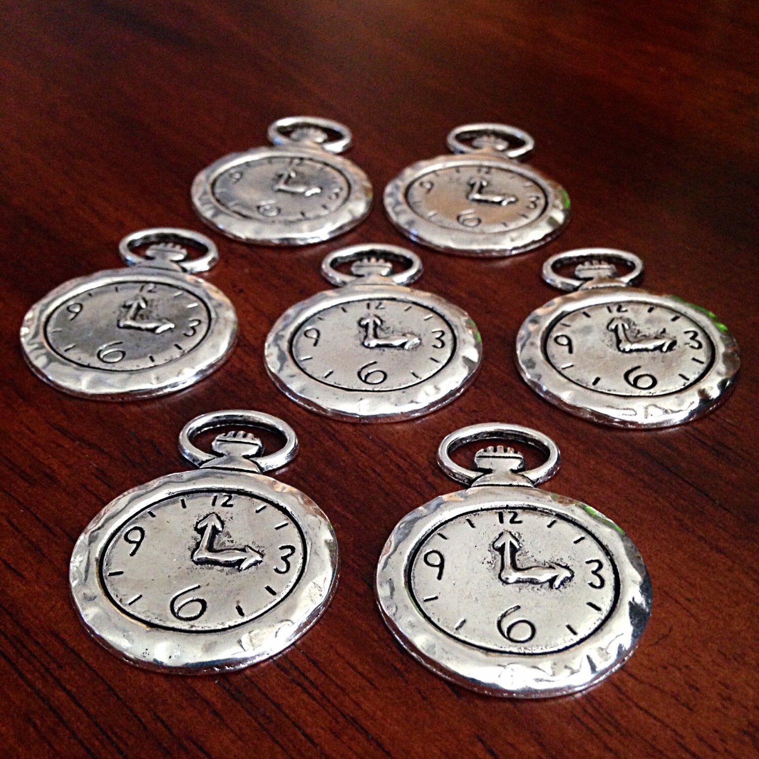 7 Silver Clock Charms, Antique Silver Clock Charms, Clock Pendants, Time Charms, Travel Charms, Findings, Crafts and Jewelry Supplies