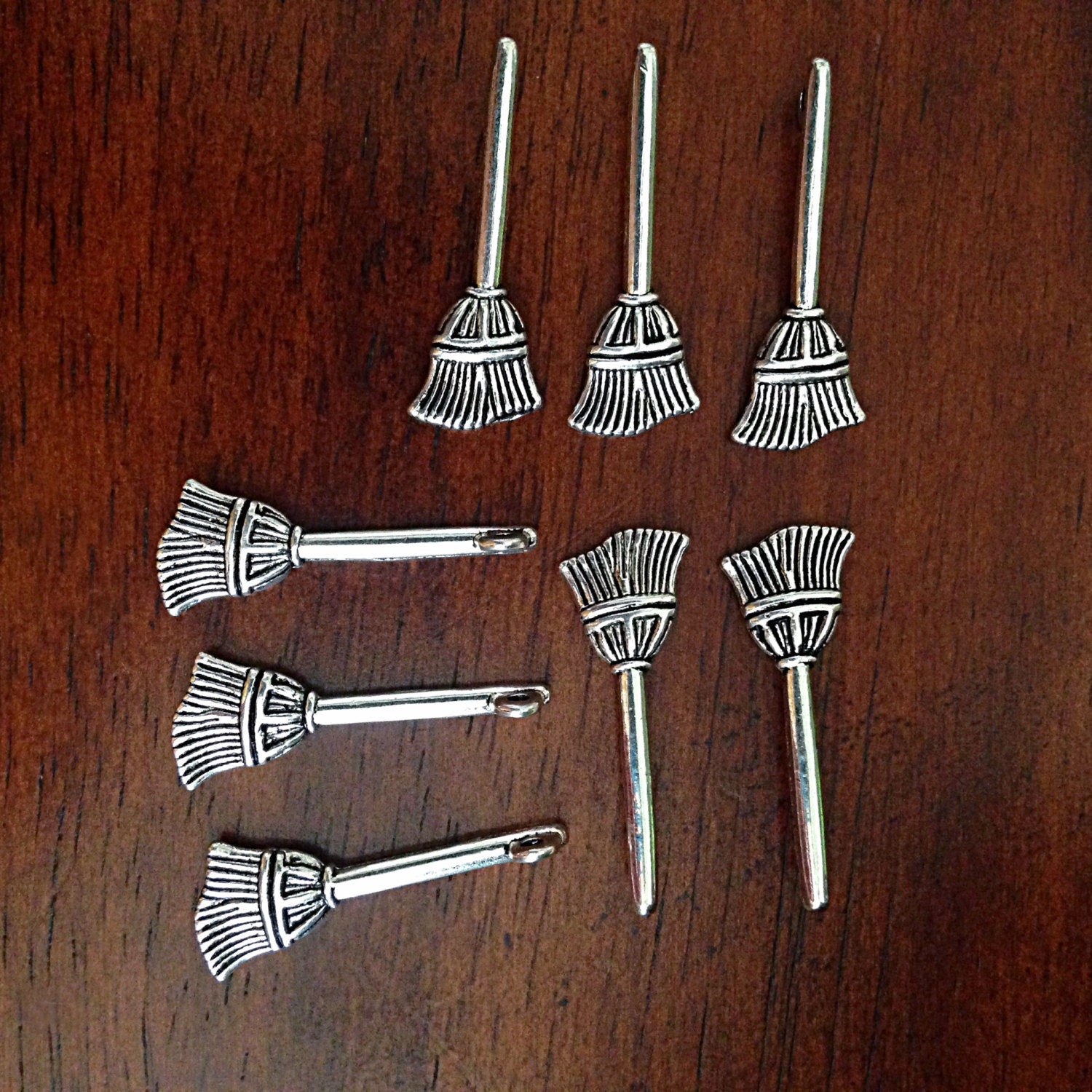 10 Broom Charms, Antique Silver Broom Charms, Halloween Charms, Witch Charms, Straw Broom Charms, Craft and Jewelry Supplies, Findings