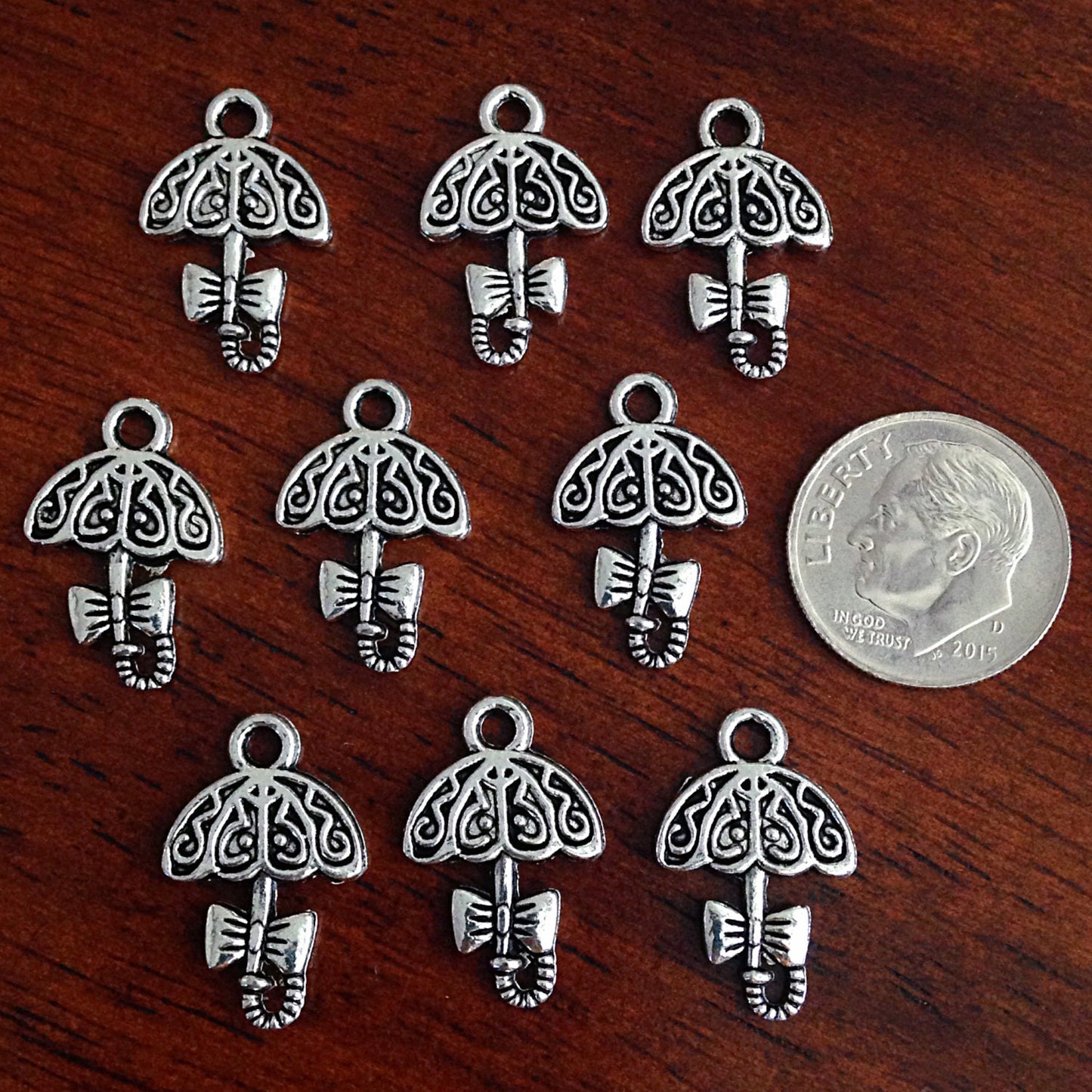 Bulk 25 Umbrella Charms, Antique Silver Umbrella Charms, Connector Charms, Bow Charms, Parasol Charms, Jewelry and Craft Supplies, Findings