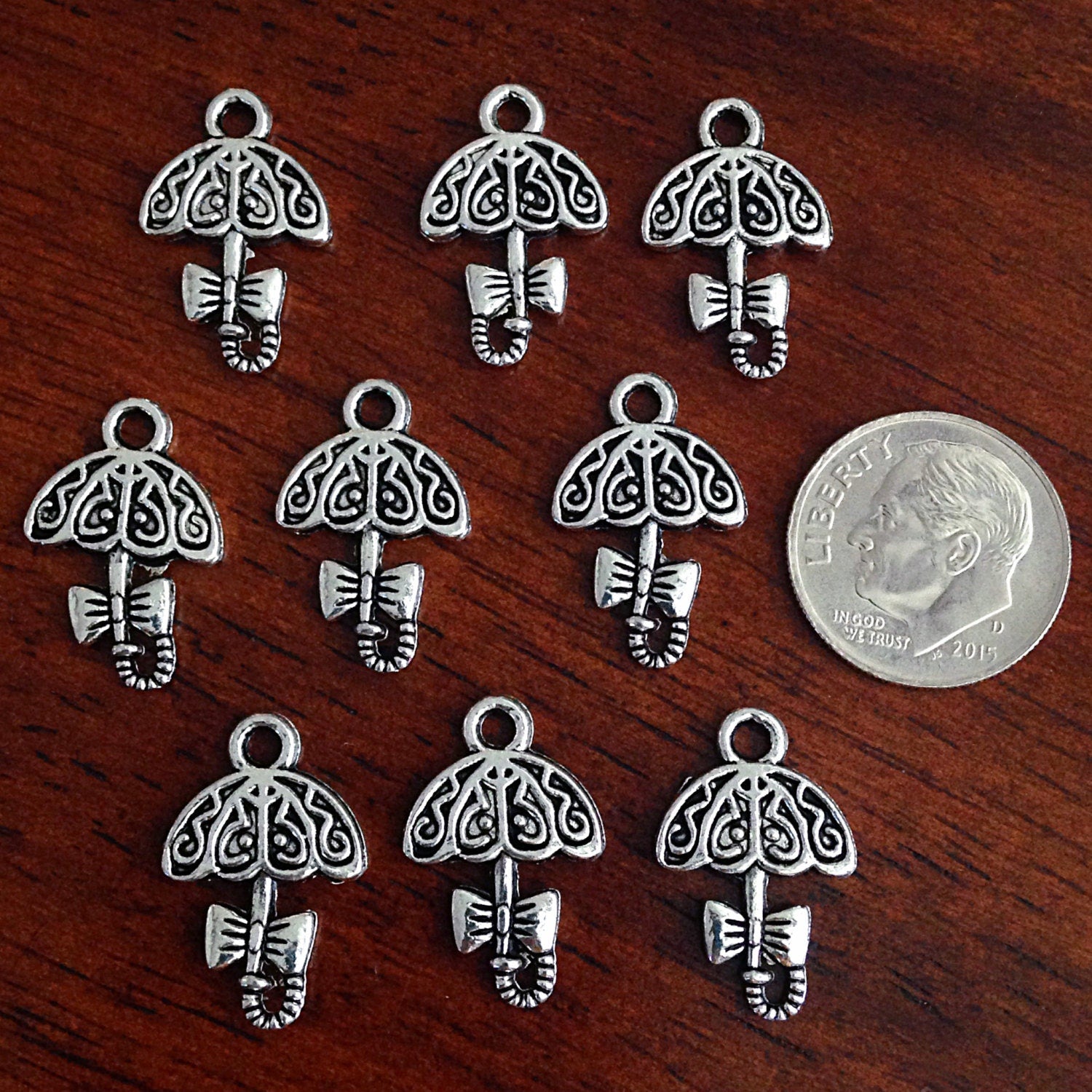 Bulk 25 Umbrella Charms, Antique Silver Umbrella Charms, Connector Charms, Bow Charms, Parasol Charms, Jewelry and Craft Supplies, Findings
