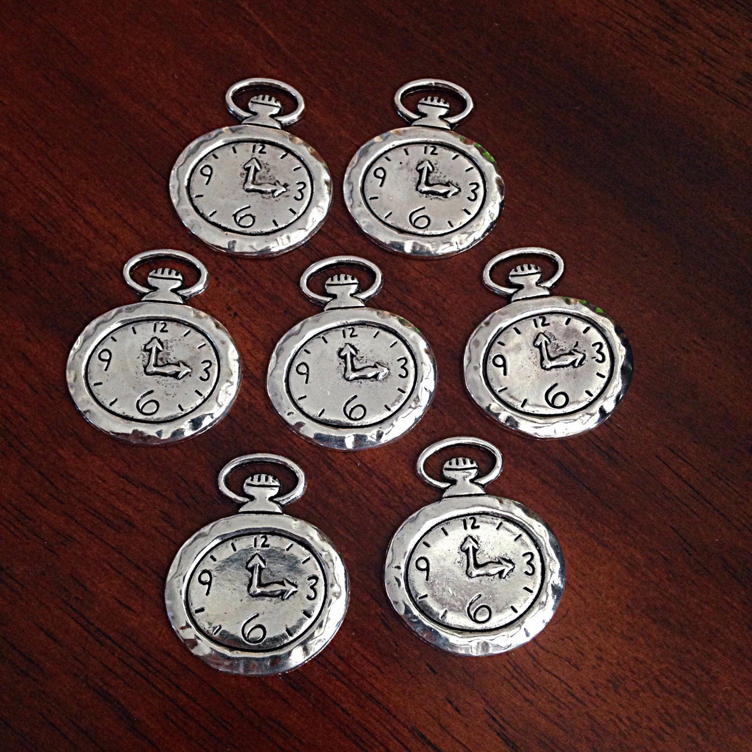 7 Silver Clock Charms, Antique Silver Clock Charms, Clock Pendants, Time Charms, Travel Charms, Findings, Crafts and Jewelry Supplies