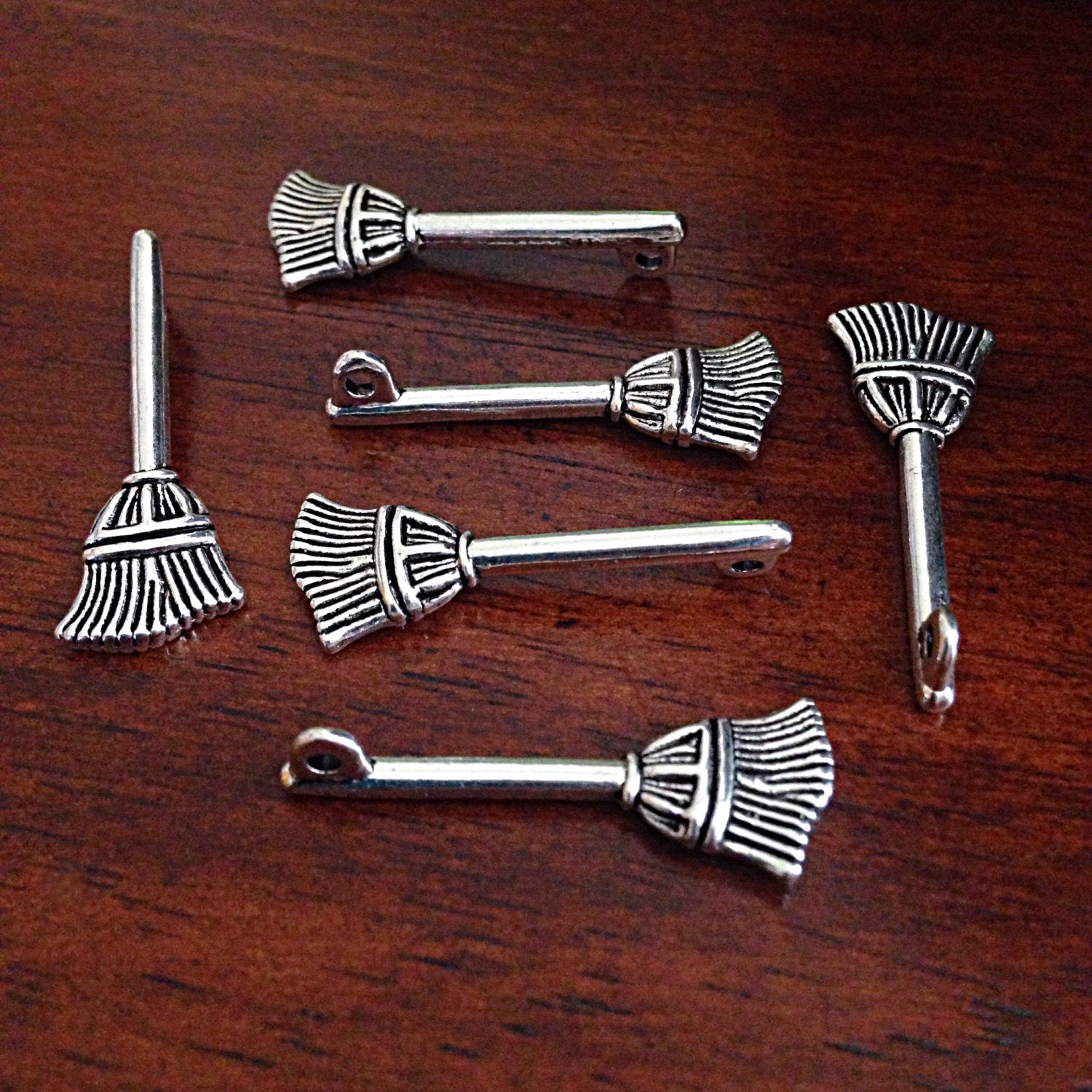 10 Broom Charms, Antique Silver Broom Charms, Halloween Charms, Witch Charms, Straw Broom Charms, Craft and Jewelry Supplies, Findings