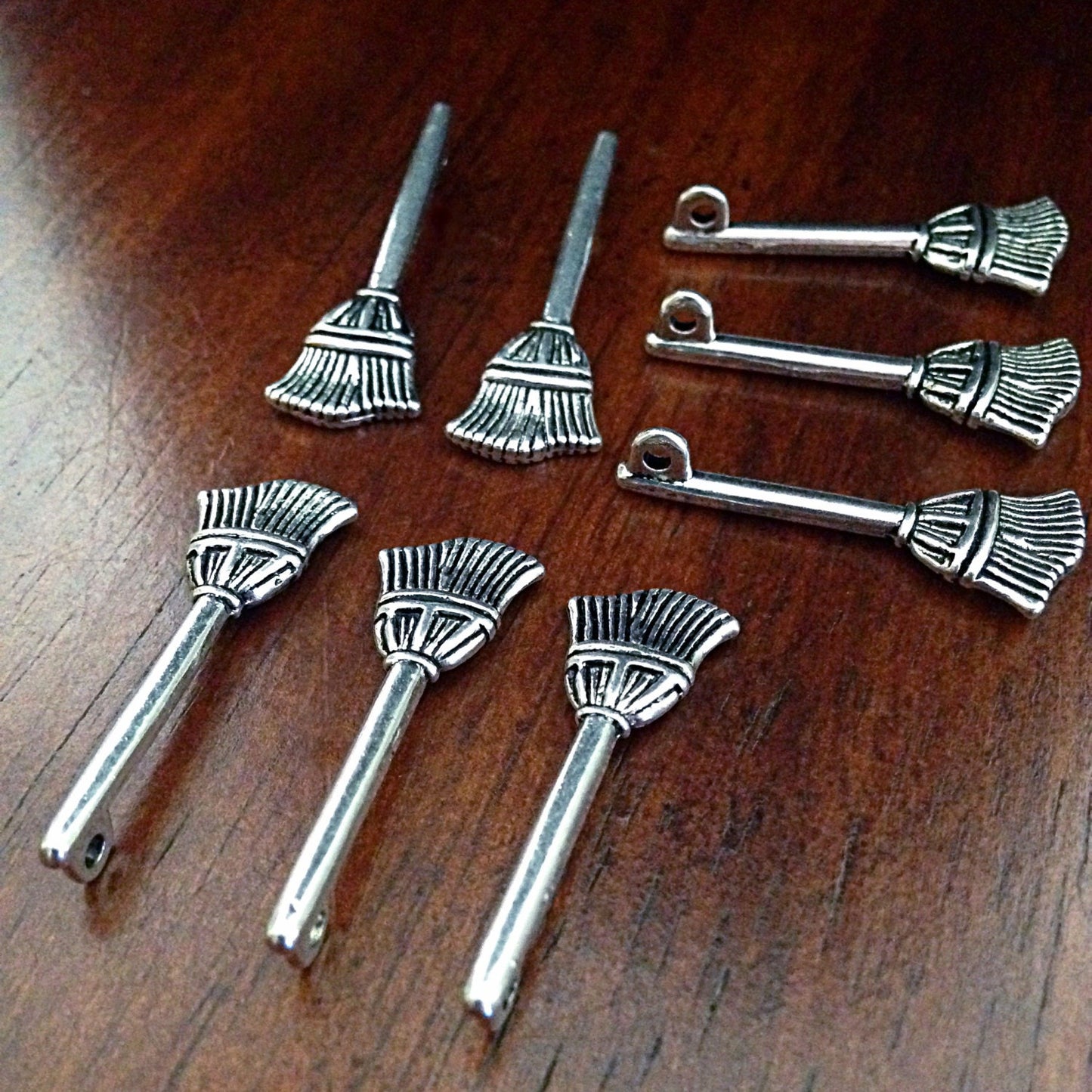 10 Broom Charms, Antique Silver Broom Charms, Halloween Charms, Witch Charms, Straw Broom Charms, Craft and Jewelry Supplies, Findings
