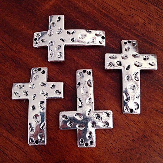 4 Large Silver Cross Pendants, Antique Silver Charm, Connector Cross Pendant, Silver Cross Charms, Bracelet Charm, Findings, Craft Supplies