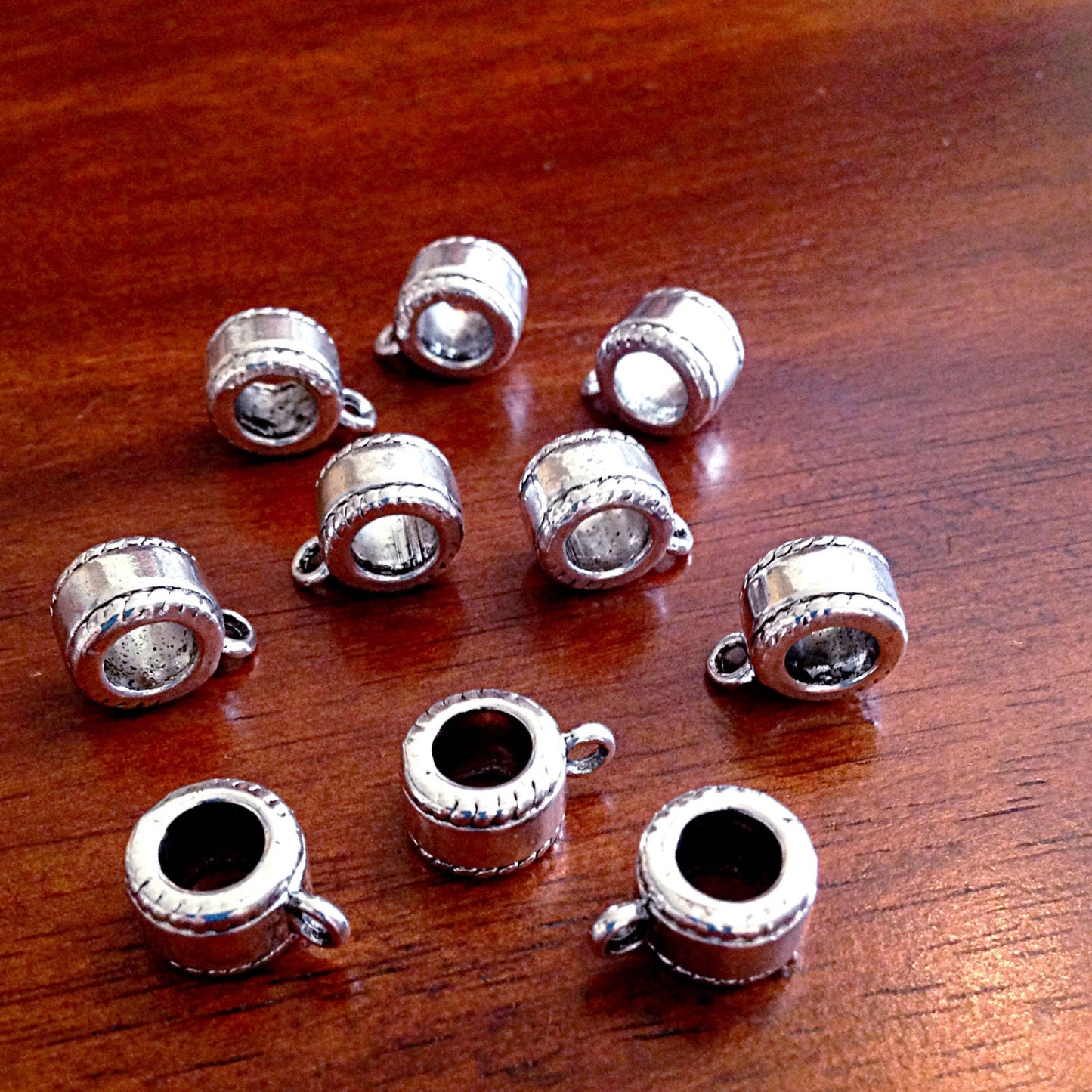 10 Bail Beads, Bails, European Beads, Silver Spacer Beads, Big Hole Beads, Necklace Slide Charms, Connector Beads, Craft Supplies, Findings