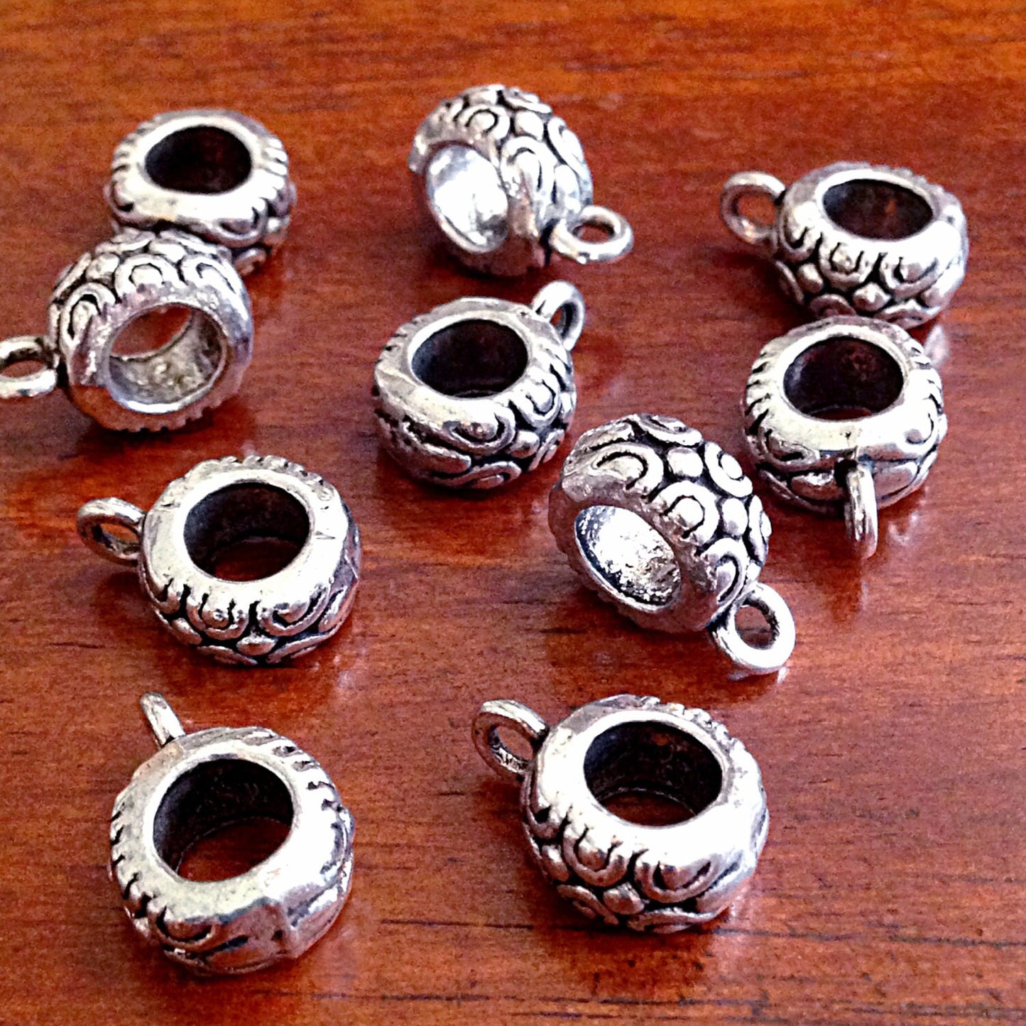 Bail Beads, 12pcs, Bails, Bail Connectors, Silver Spacer Beads, Big Hole Beads, Connector Charms, Bail Charms, Craft Supplies, Findings