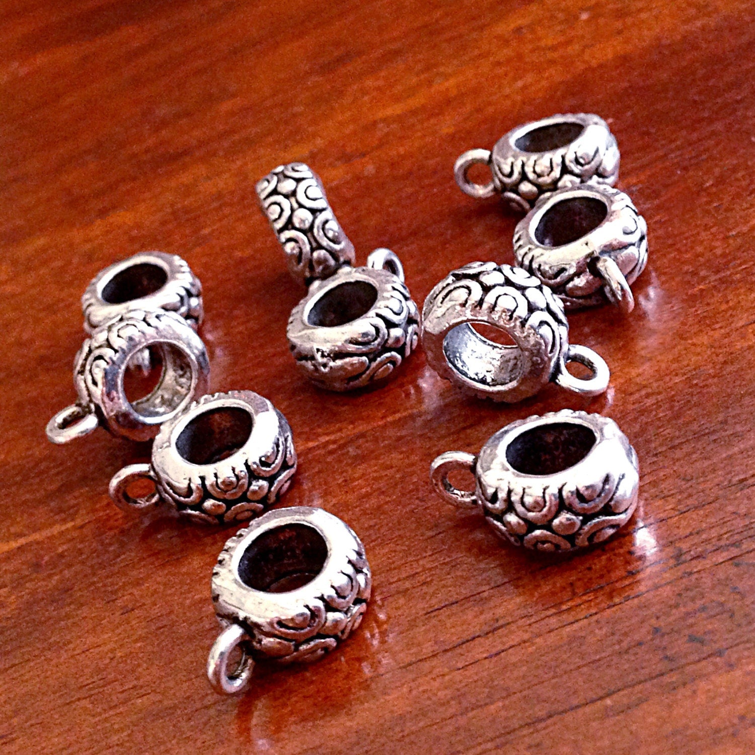 Bail Beads, 12pcs, Bails, Bail Connectors, Silver Spacer Beads, Big Hole Beads, Connector Charms, Bail Charms, Craft Supplies, Findings