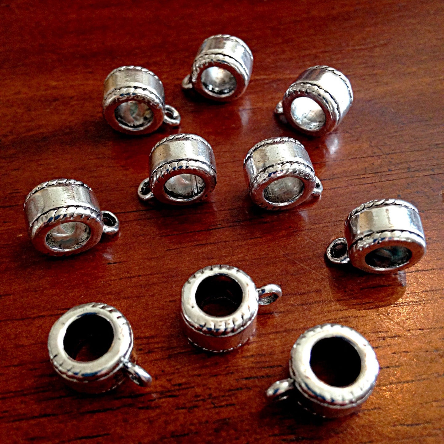 10 Bail Beads, Bails, European Beads, Silver Spacer Beads, Big Hole Beads, Necklace Slide Charms, Connector Beads, Craft Supplies, Findings