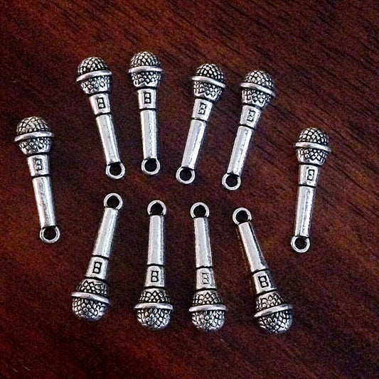 Bulk 20 Microphone Charms, Antique Silver Charms, Microphone, Karaoke Charms, Music Charms, Crafts and Jewelry Supplies and Findings