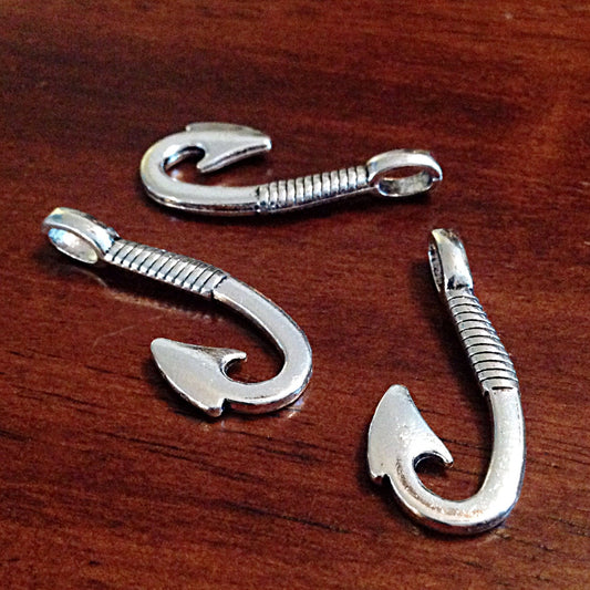 12 Large Fish Hook Charms, Antique Silver Charms, Silver Hook, Fishing Charms, Fishing Hook Pendants, Findings, Crafts and Jewelry Supplies