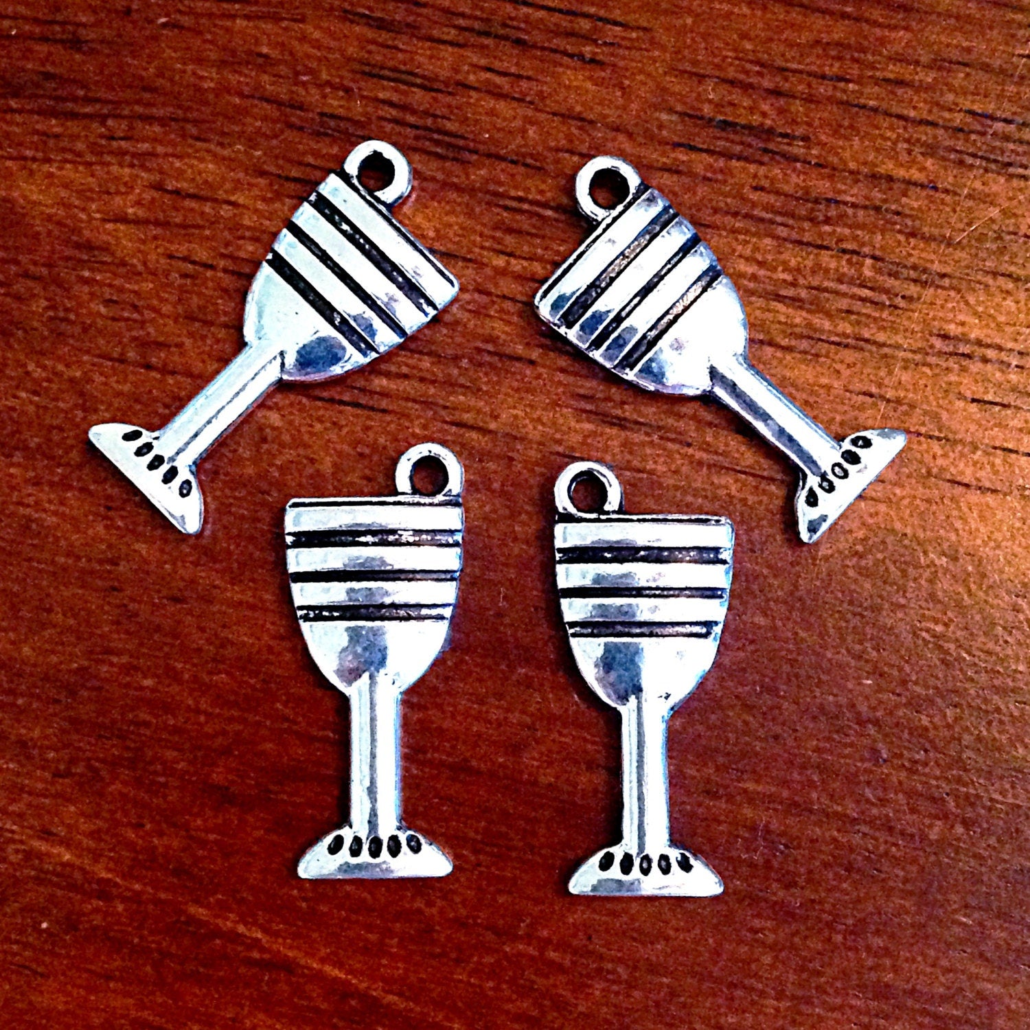 8 Wine Glass Charms, Antique Silver Charms, Double Sided Wine Glass Charms, 3-D Wine Glass Charms, Jewelry and Craft Supplies