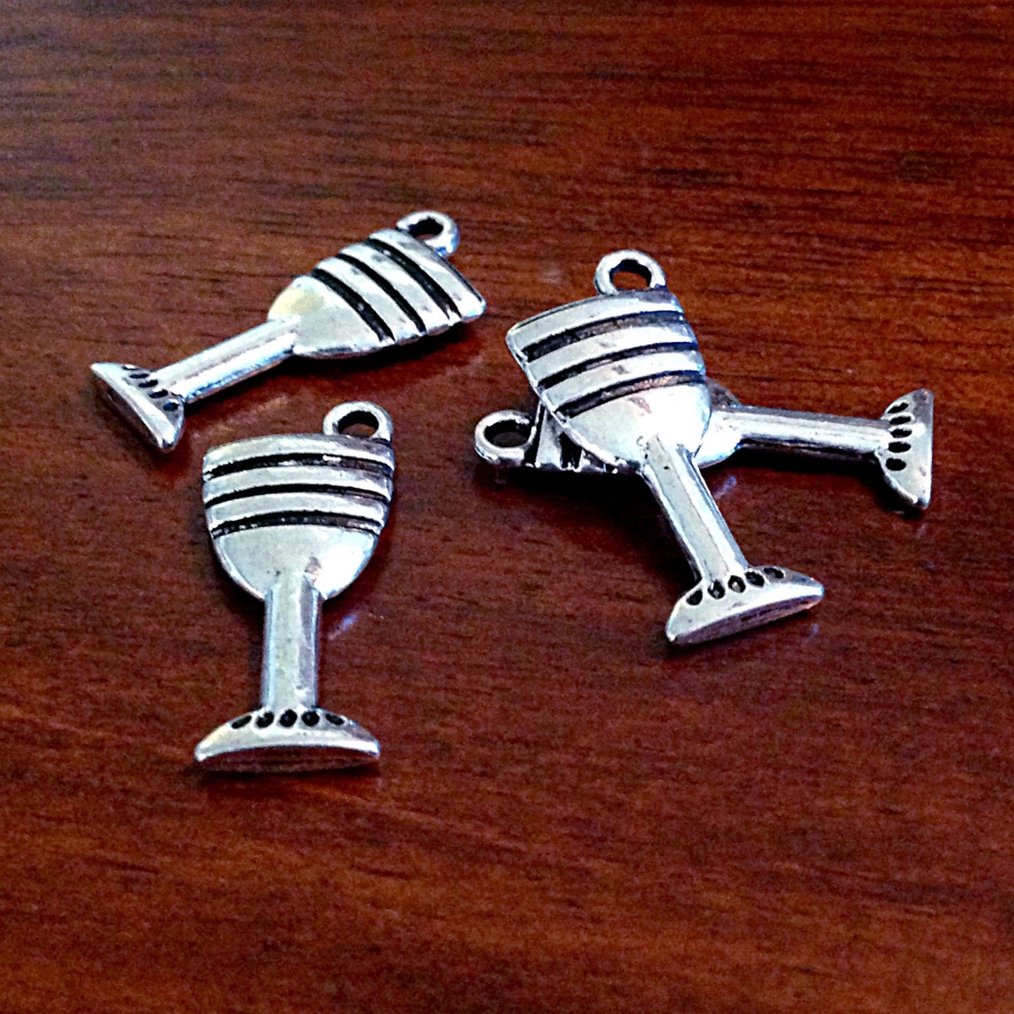 8 Wine Glass Charms, Antique Silver Charms, Double Sided Wine Glass Charms, 3-D Wine Glass Charms, Jewelry and Craft Supplies