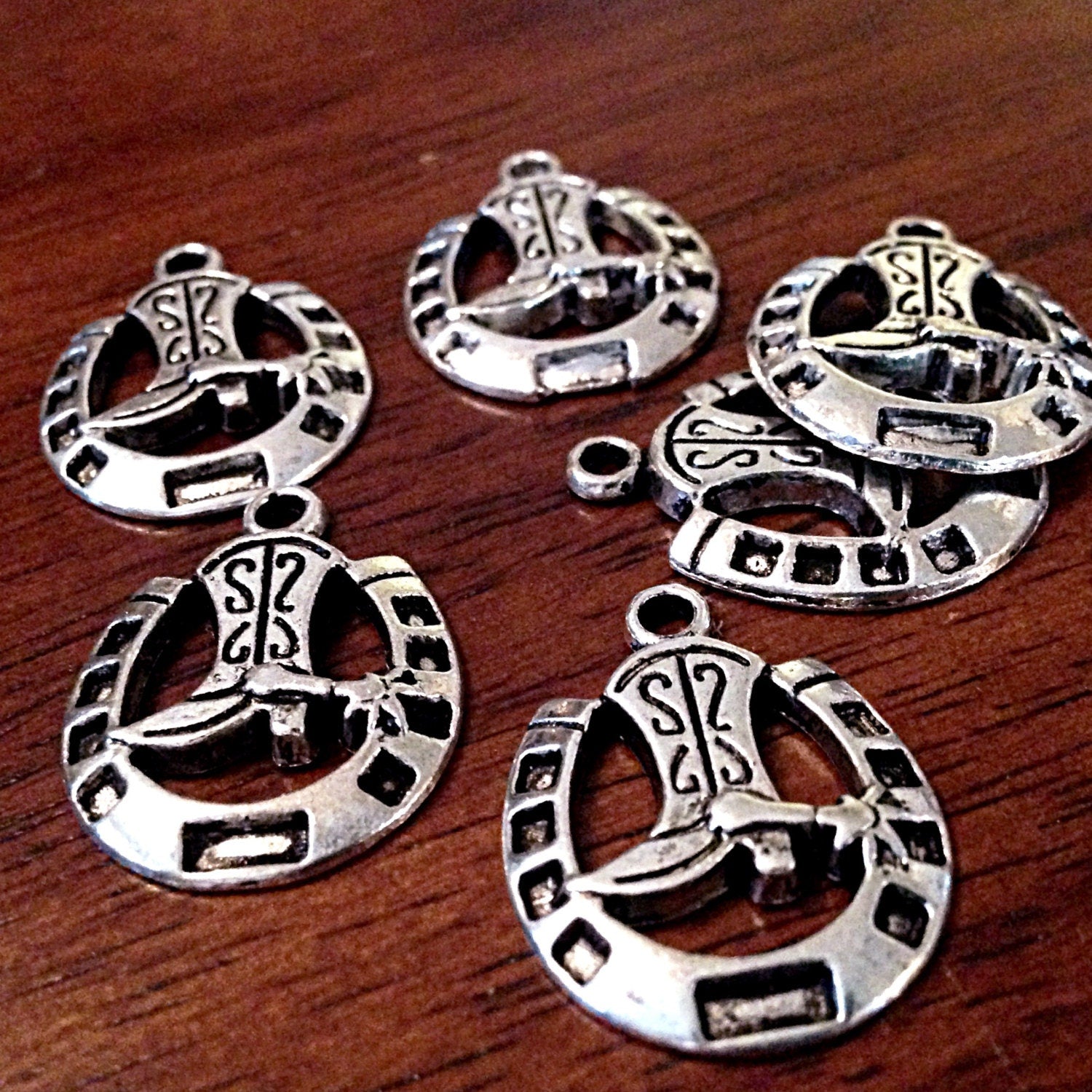 8 Horseshoe Charms, Antique Silver Charms, Horseshoe Pendants, Boot Charms, Western Charms, Horseshoe, Craft and Jewelry Supplies, Findings