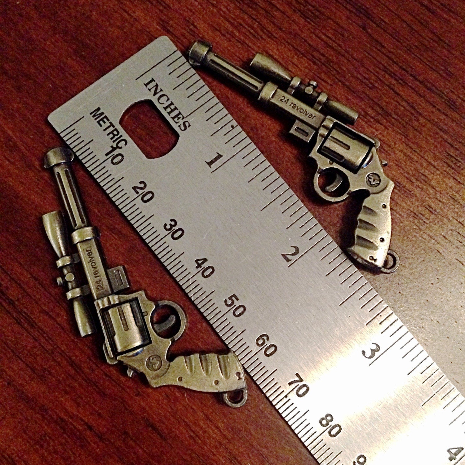 2 Large Bronze Gun Charms, Antique Bronze Charms, Revolver Charms, Rifle Charms, 3D Pistol Pendant, Jewelry and Craft Supplies, Findings