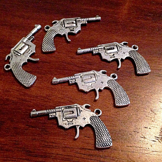 5 Large Silver Gun Charms, Antique Silver Charms, Revolver Charms, Rifle Charms, 3D Pistol Pendant, Jewelry and Craft Supplies, Findings