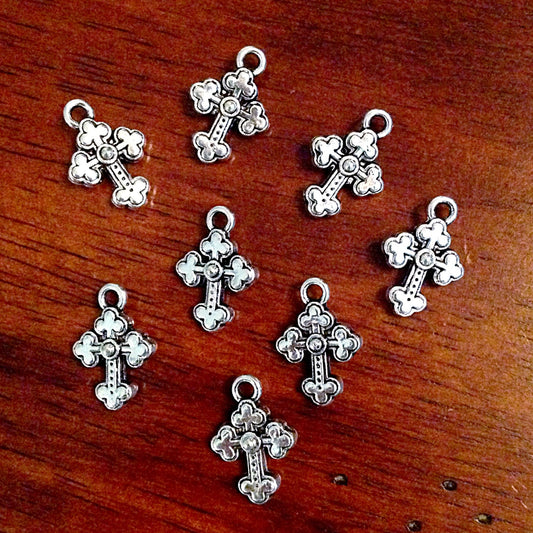 10 Silver Cross Charms, Antique Silver Charms, Cross Charms, Double Sided Cross Charms,Tiny Cross, Jewelry And Craft Supplies, Findings