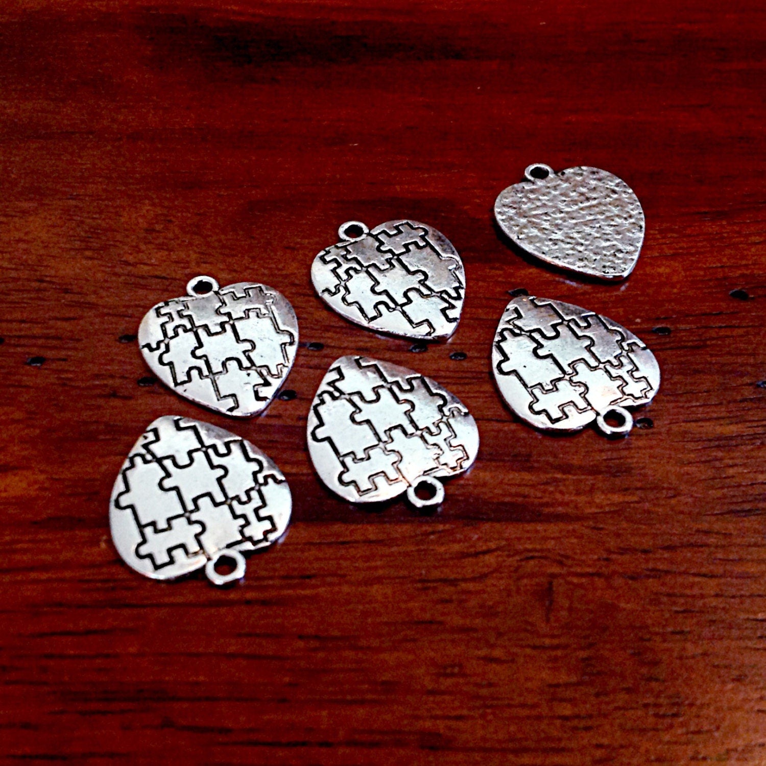 8 Autism Charms, Antique Silver Heart Charms, Autism Charms, Puzzle Charms, Heart Charms, Craft and Jewelry Supplies, Findings