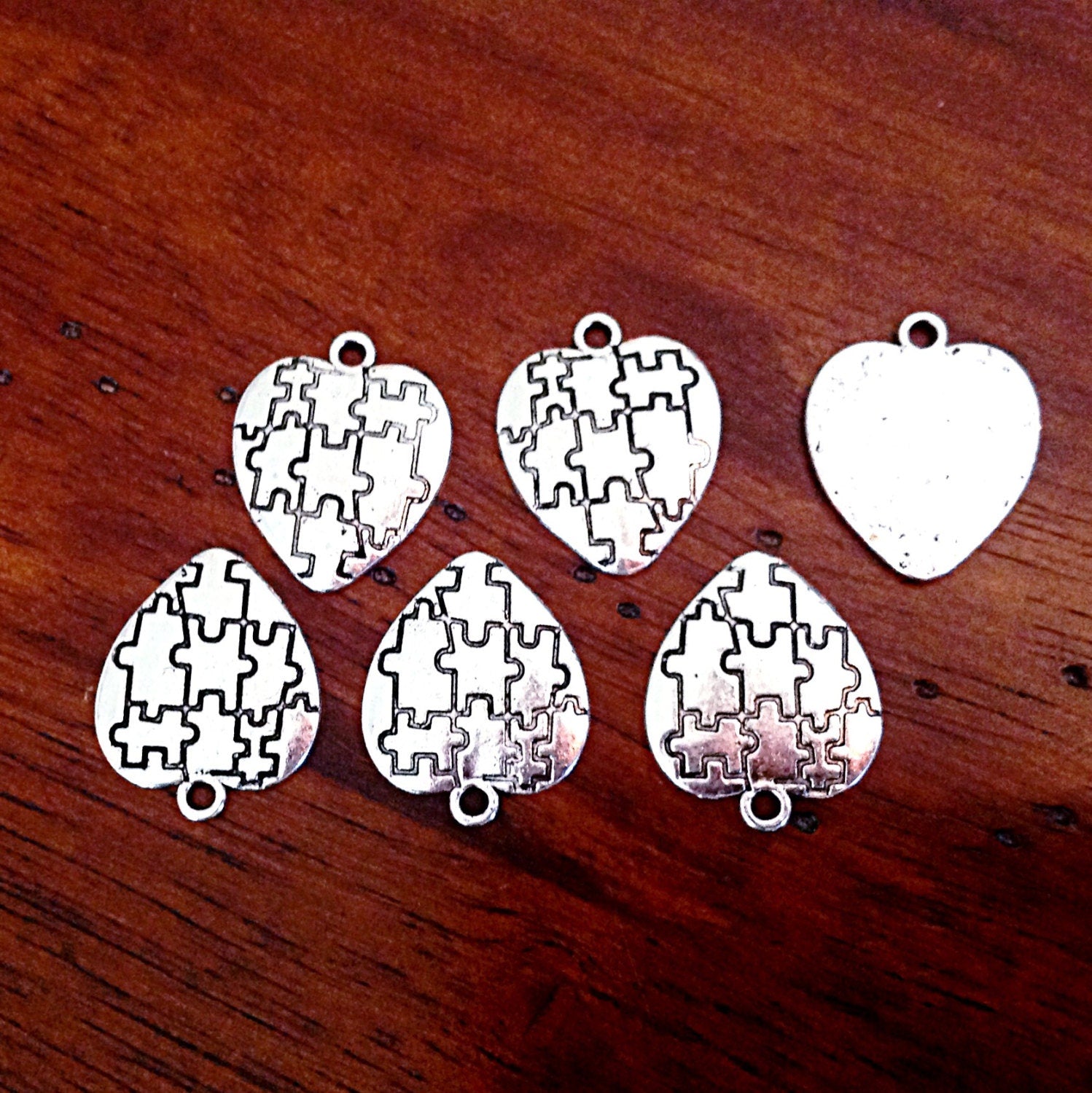 8 Autism Charms, Antique Silver Heart Charms, Autism Charms, Puzzle Charms, Heart Charms, Craft and Jewelry Supplies, Findings