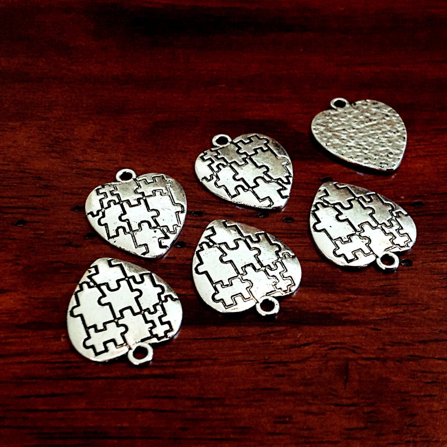 8 Autism Charms, Antique Silver Heart Charms, Autism Charms, Puzzle Charms, Heart Charms, Craft and Jewelry Supplies, Findings