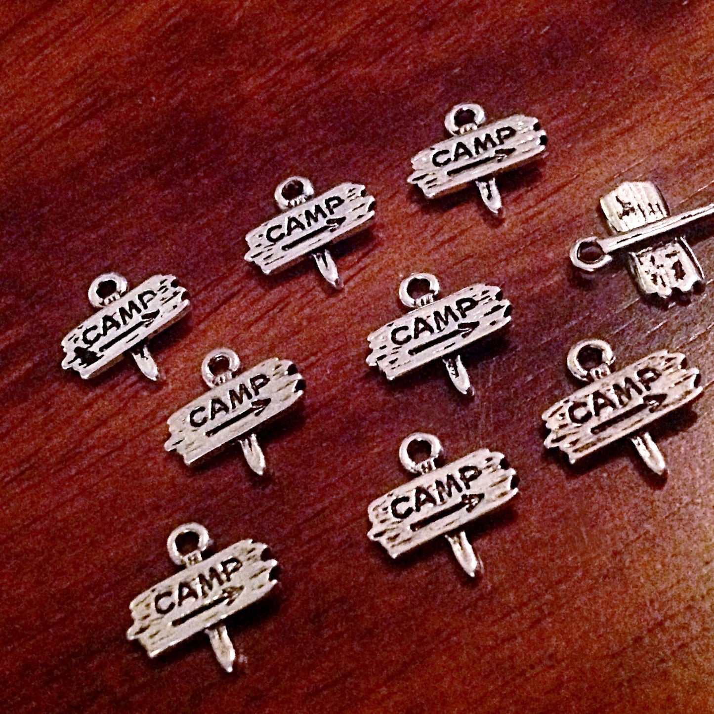 Bulk 25 Camp Charms, Antique Silver Charms, Small Camp Charms, Camp Sign Charms, Camping Charms, Craft and Jewelry Supplies, Findings